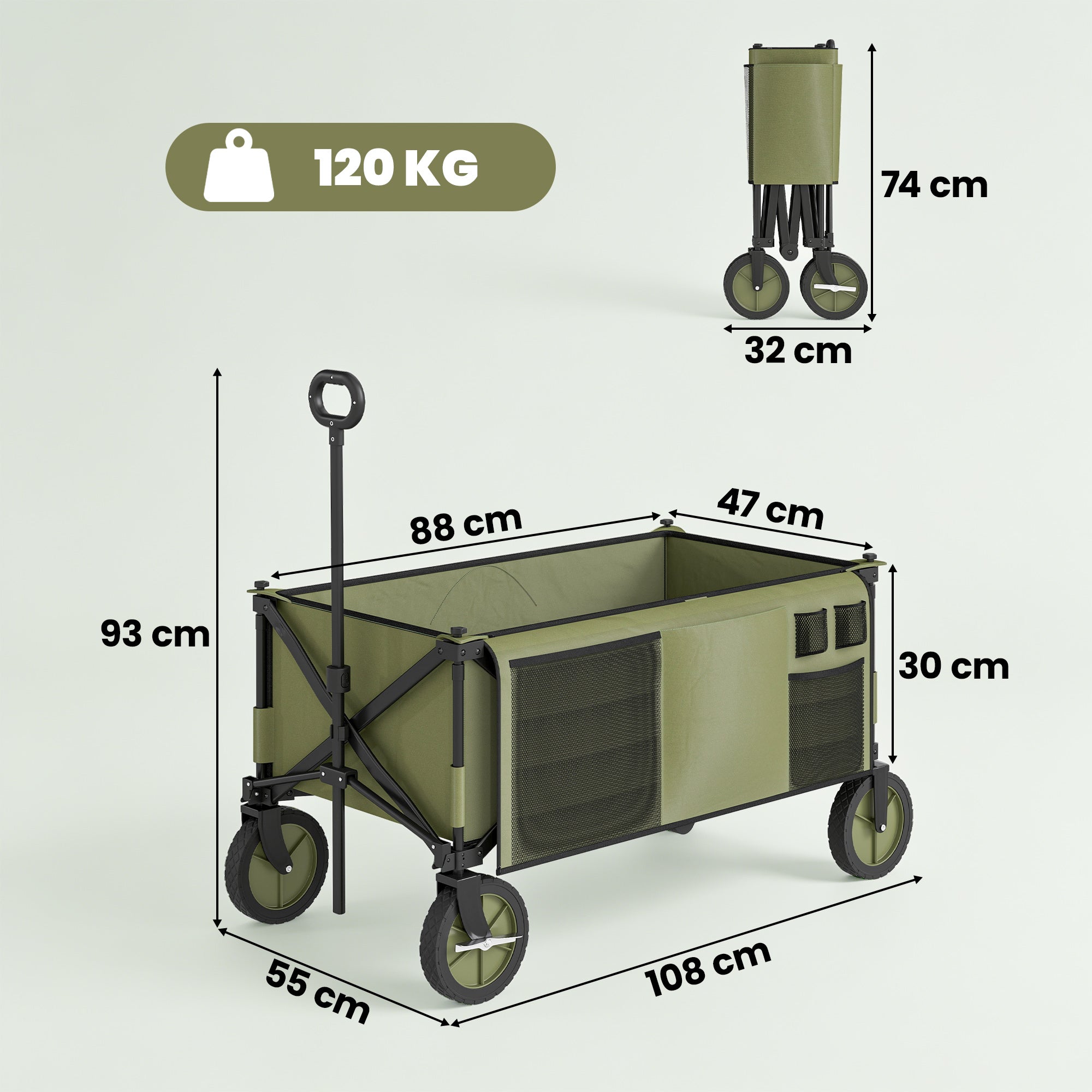 Outsunny Folding Garden Trolley, Cargo Trailer on Wheels, Collapsible Camping Trolley with Folding Board, Outdoor Utility Wagon with Steel Frame and Oxford Fabric, Green
