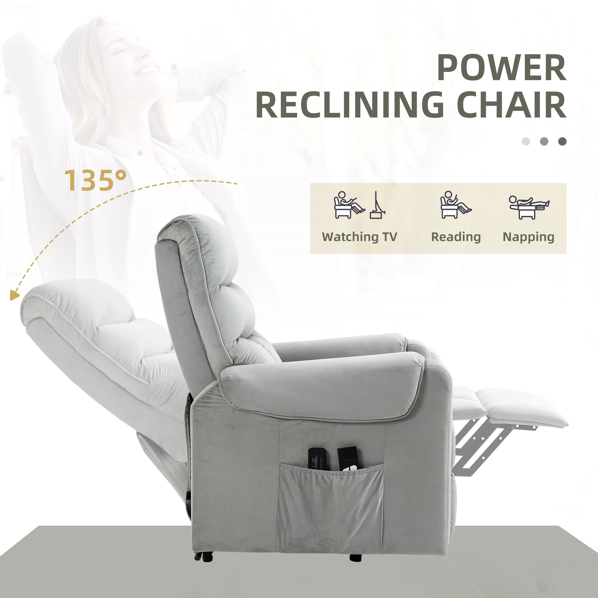 HOMCOM Vibration Massage Rise and Recliner Chair, Electric Power Lift Recliner with Remote Control and Side Pockets, Grey - North Peak Garden Furniture