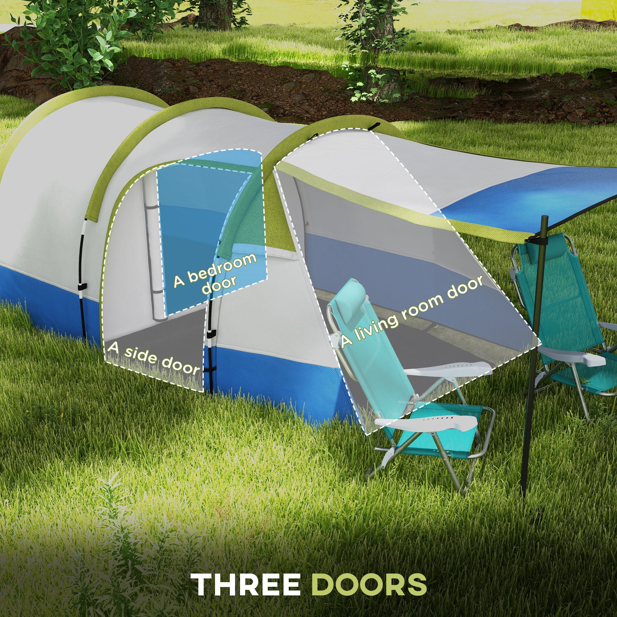 Outsunny Three Man Two-Room Tent, with Porch and Accessories - Green - North Peak Garden Furniture