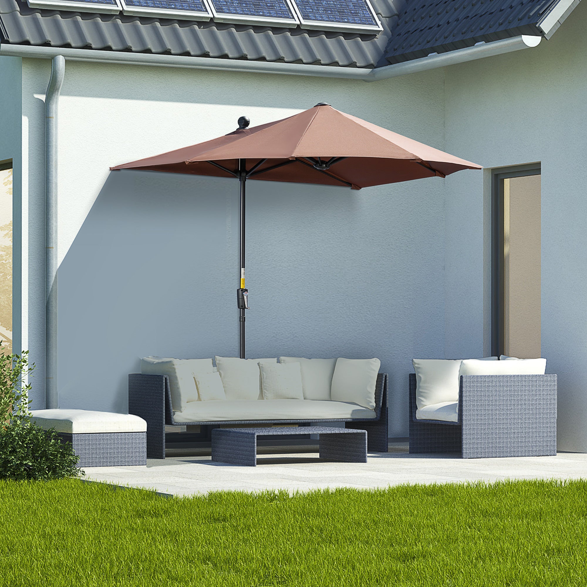 Outsunny 2m Half Parasol Market Umbrella Garden Balcony Parasol with Crank Handle, Base, Double-Sided Canopy, Coffee - North Peak Garden Furniture