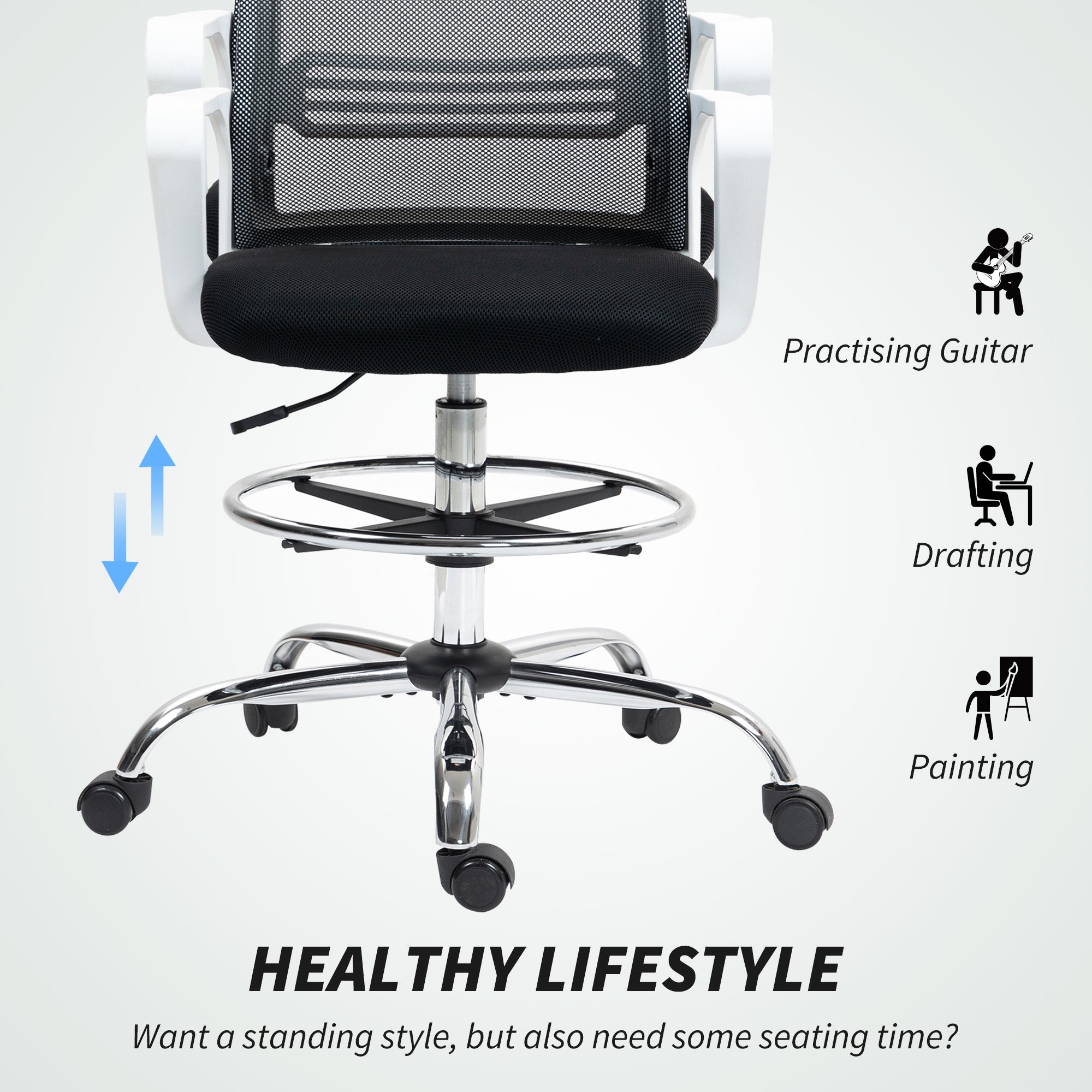 HOMCOM Draughtsman Chair, Mesh Drafting Chair, Ergonomic Office Chair with Lumbar Support, Adjustable Foot Ring, Black - North Peak Garden Furniture