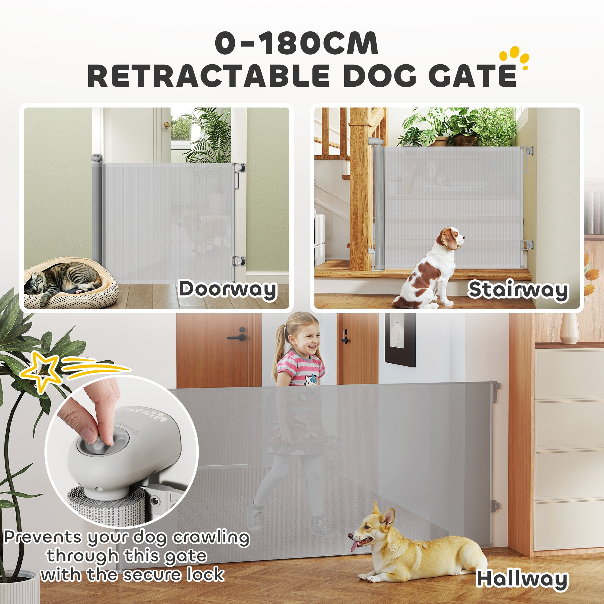 PawHut Retractable Stair Gate Extends Up to 180 cm Wide, Dog Gate for Doorways, Stairways, Hallways, Grey - North Peak Garden Furniture