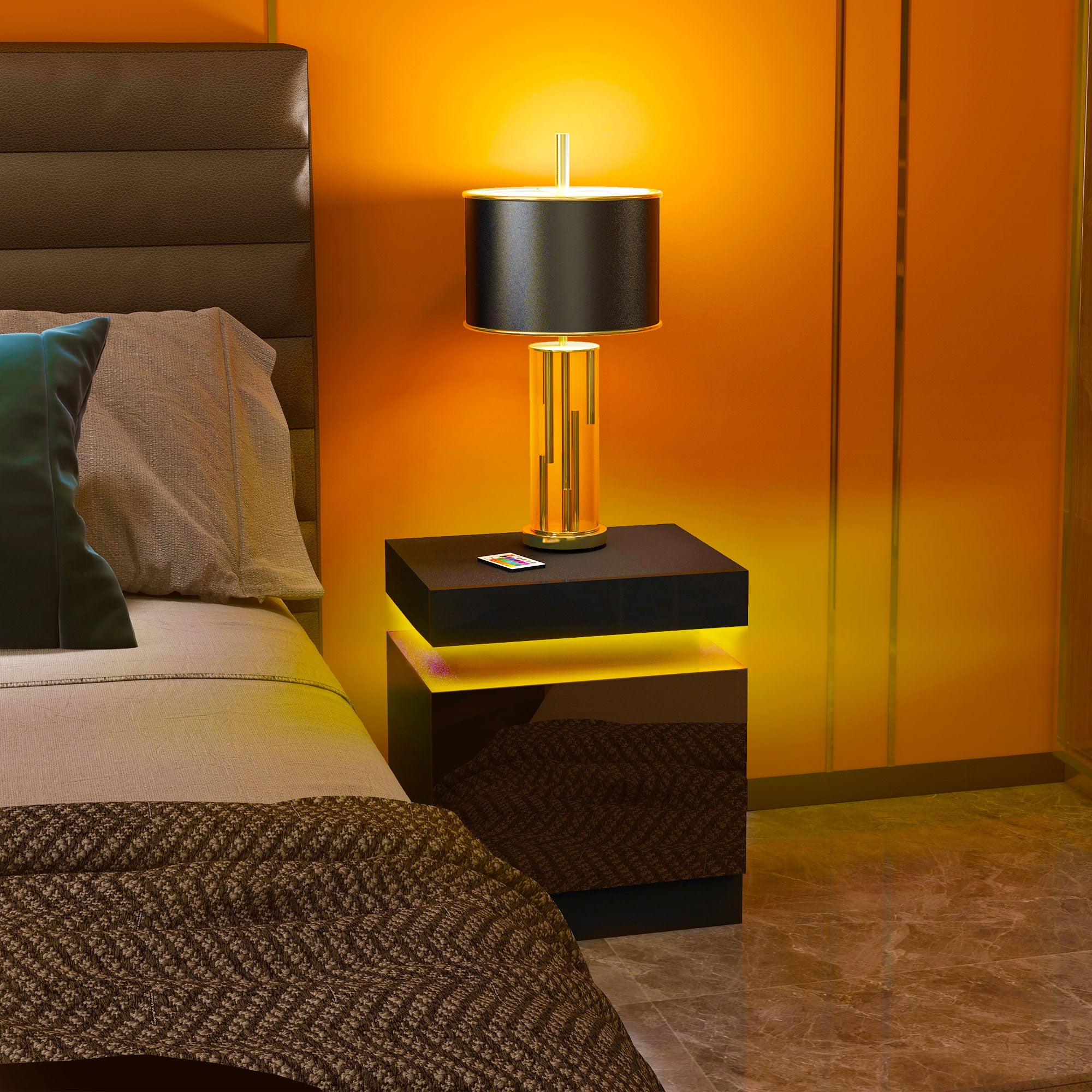 HOMCOM Black Bedside Table with LED Light, High Gloss Front Nightstand with 2 Drawers, for Living Room, Bedroom - North Peak Garden Furniture