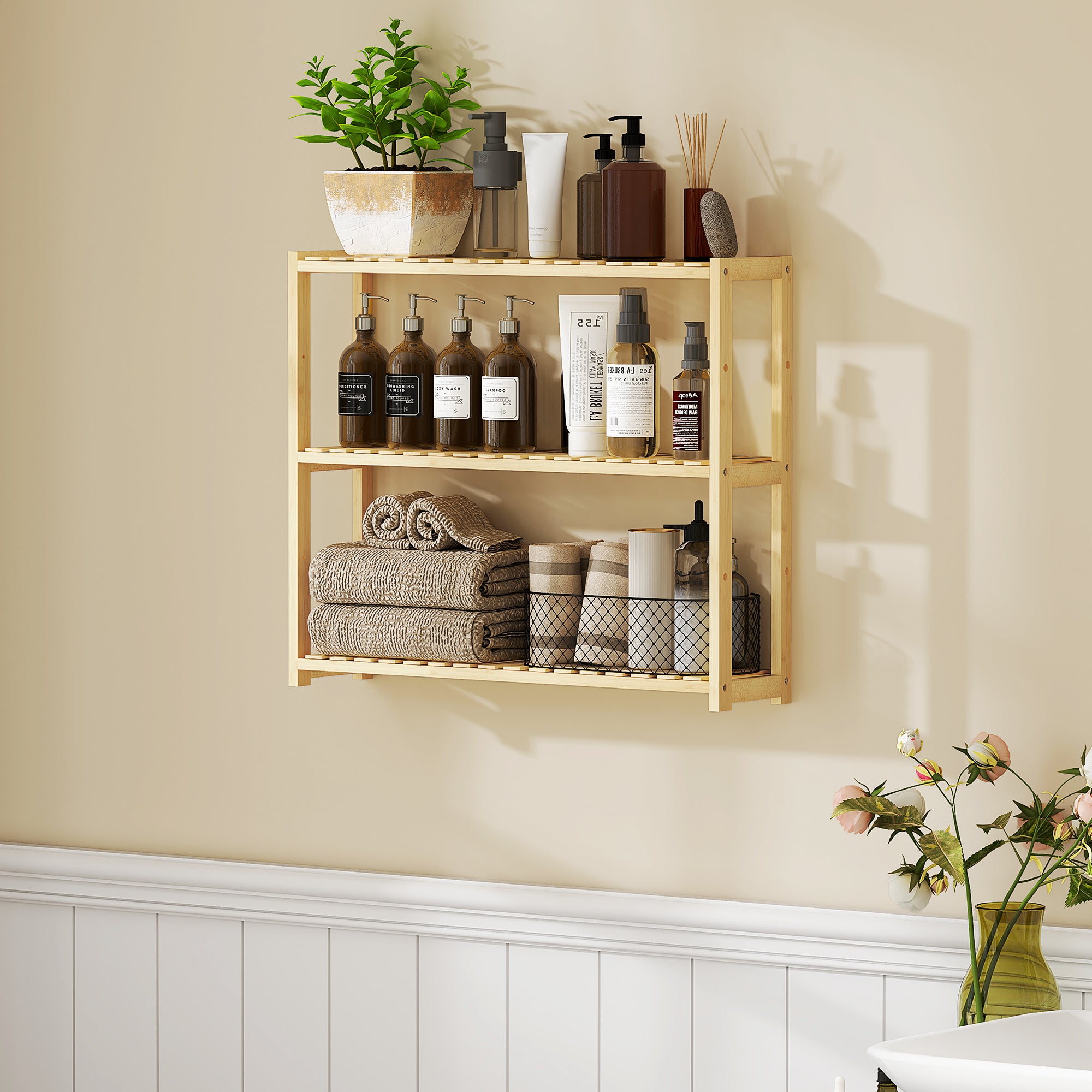HOMCOM 3-Tier Bamboo Bathroom Storage Shelf, Wall-Mounted or Stand, Display Stand Shelving Unit with Adjustable Rack for Kitchen Bathroom Living Room, Natural - North Peak Garden Furniture
