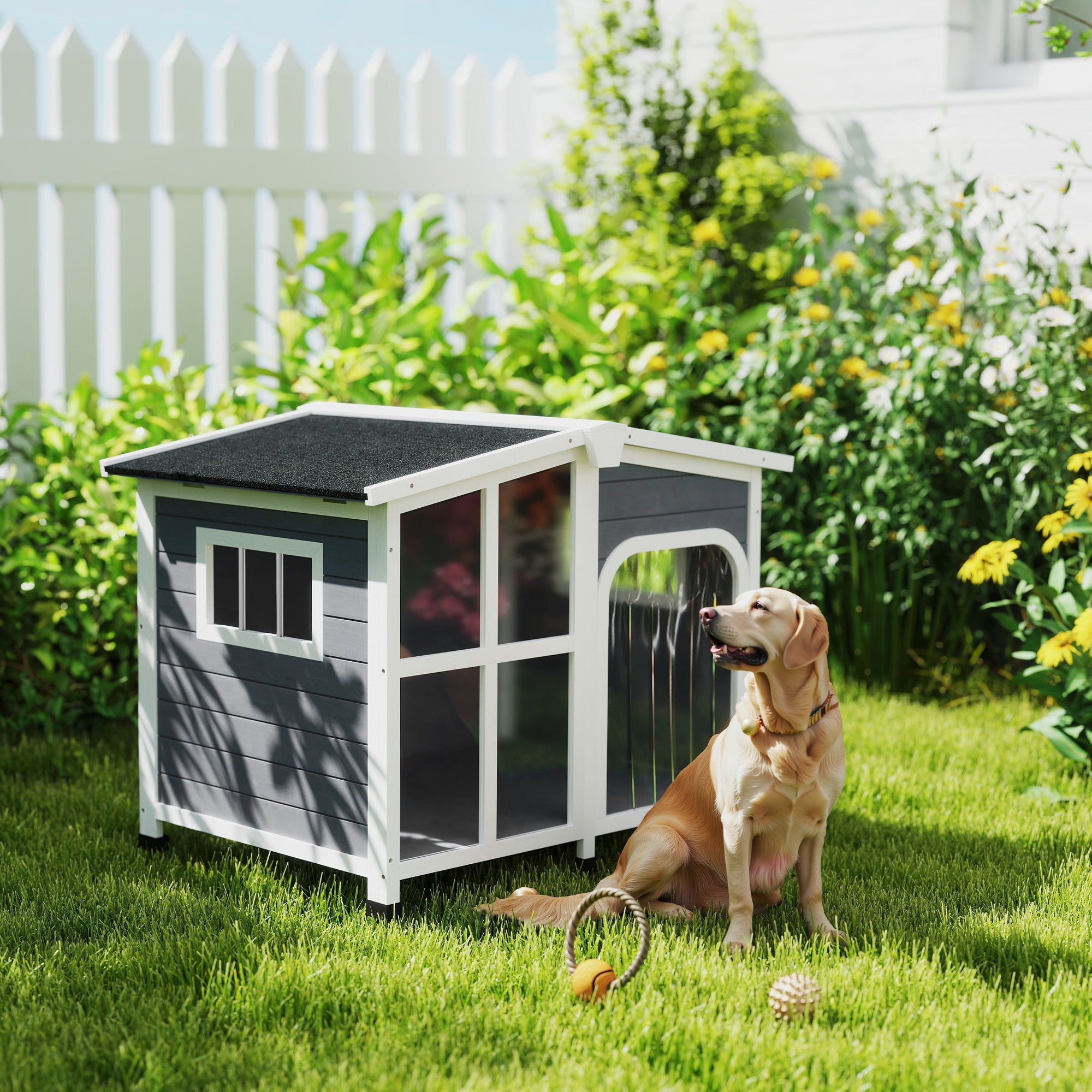 PawHut Wooden Dog Kennel with Removable Floor, Asphalt and Openable Roof, Giant Window for Large Dogs, Charcoal Grey