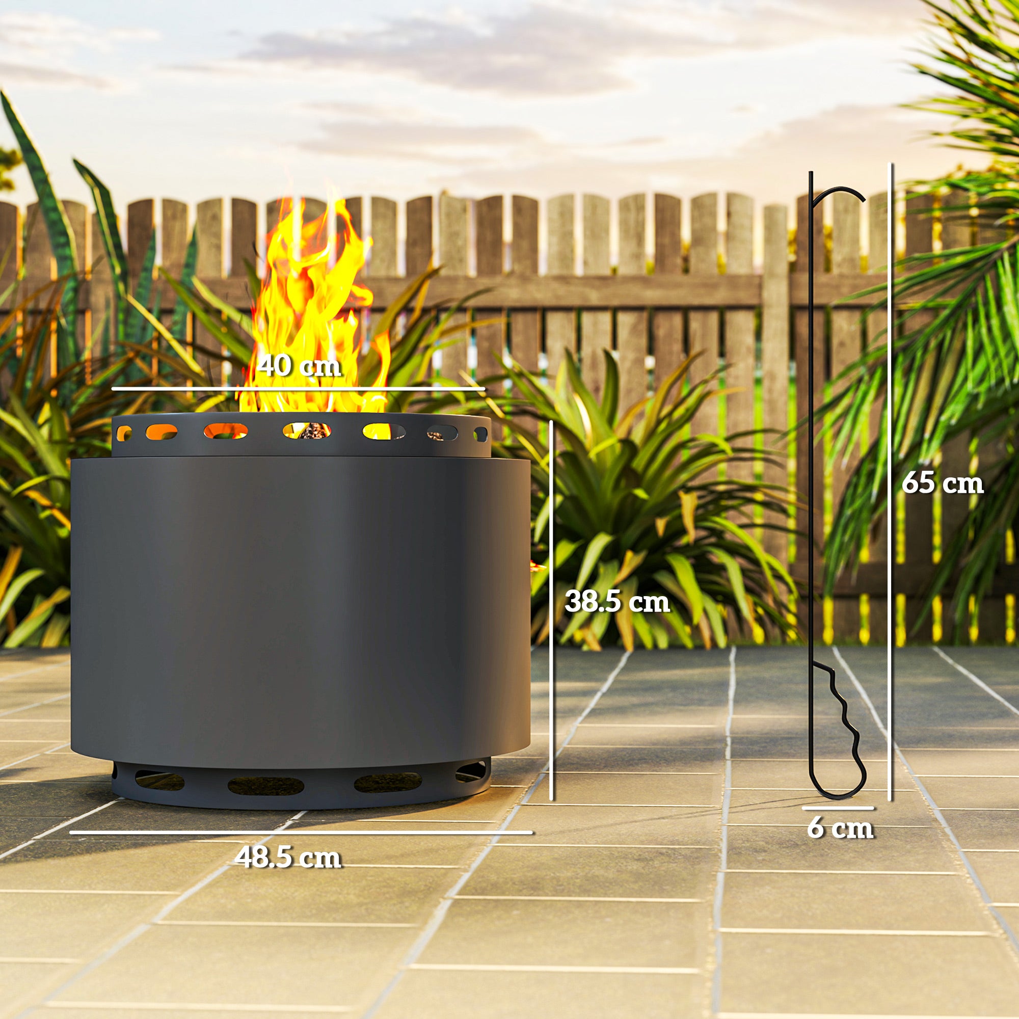 Outsunny Smokeless Fire Pit, 48.5cm Portable Wood Burning Firepit with Poker for Garden Camping Bonfire Party, Metal, Dark Grey - North Peak Garden Furniture
