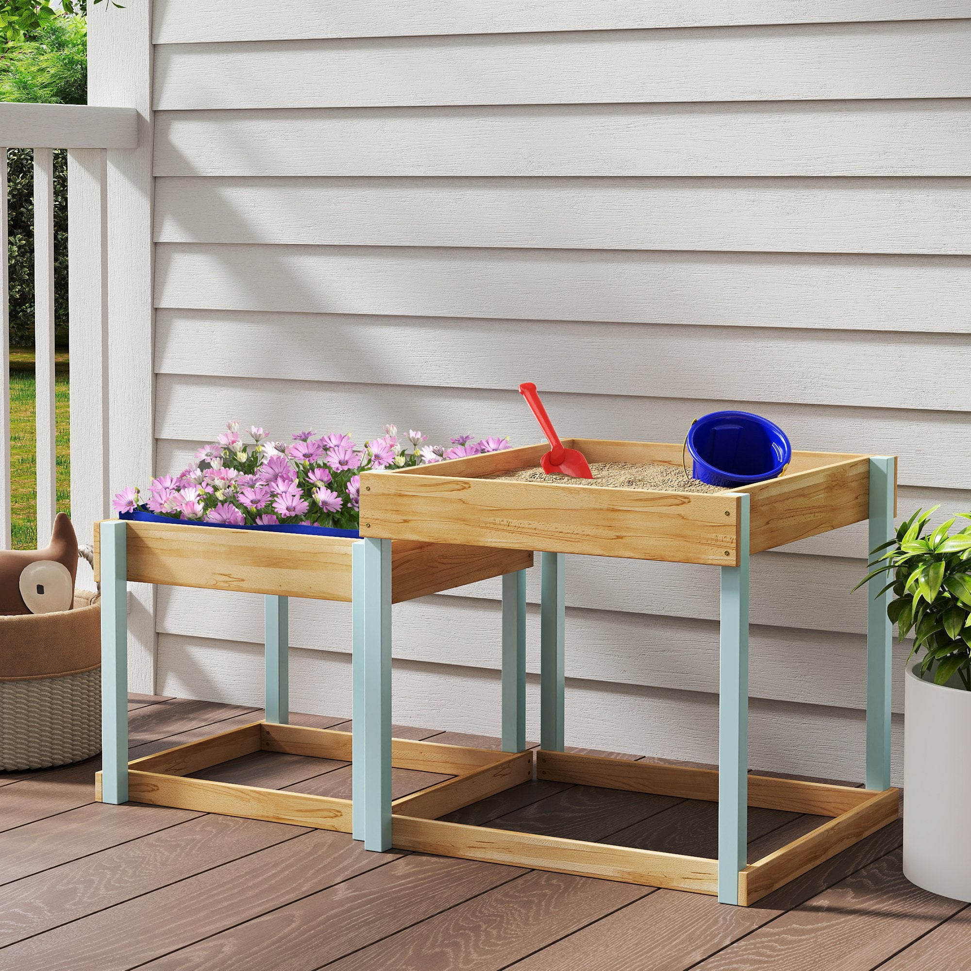 AIYAPLAY 2 PCS Wooden Outdoor Sand and Water Play Tables with Bottom Liner for Kids Aged 3-8 Years Old, Natural Wood Finish - North Peak Garden Furniture