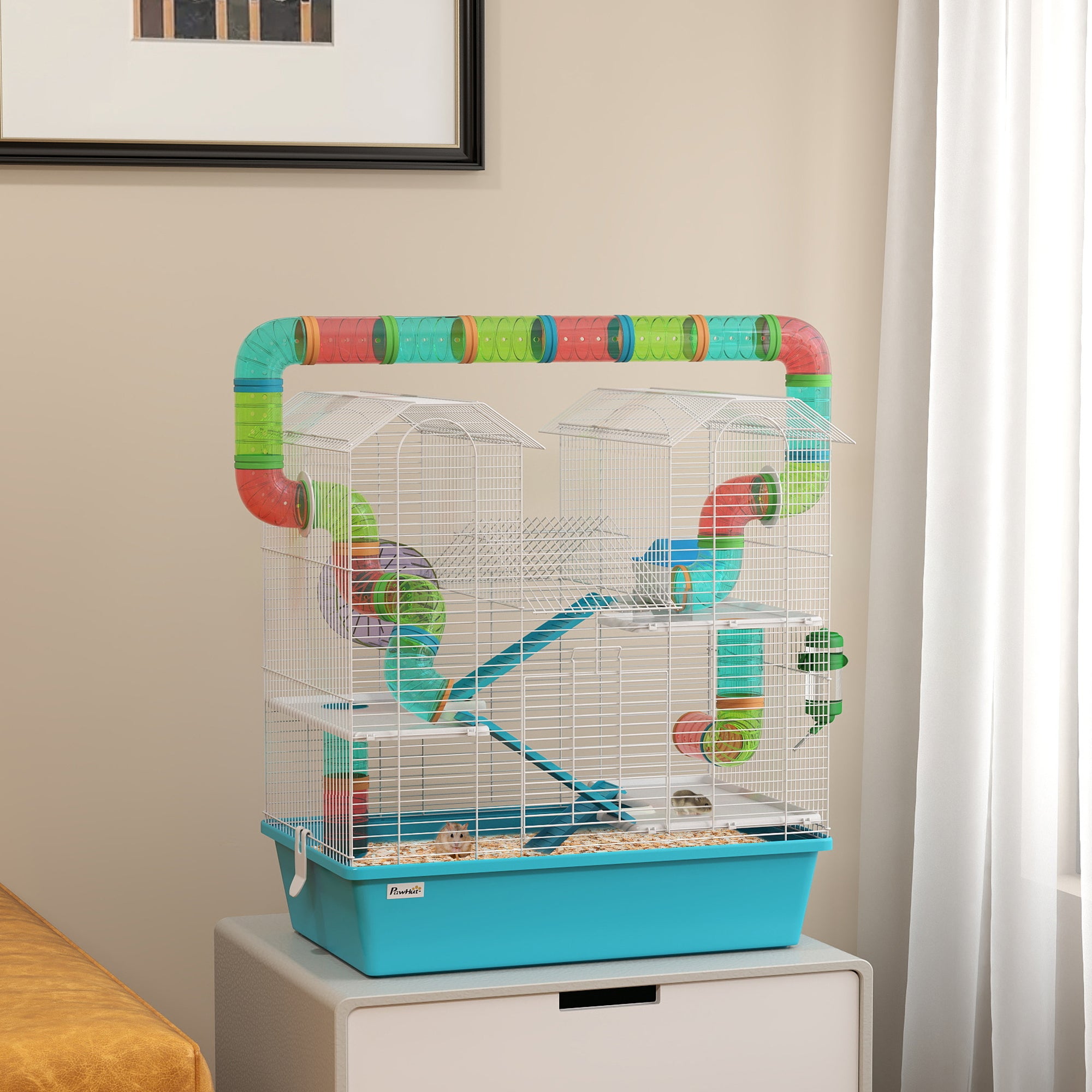PawHut 4 Tier Hamster Cage w/ Tubes, Exercise Wheel, Hut, Water Bottle, Food Dish, Ramps, for Drawf, 58 x 36 x 65cm, Light Blue - North Peak Garden Furniture