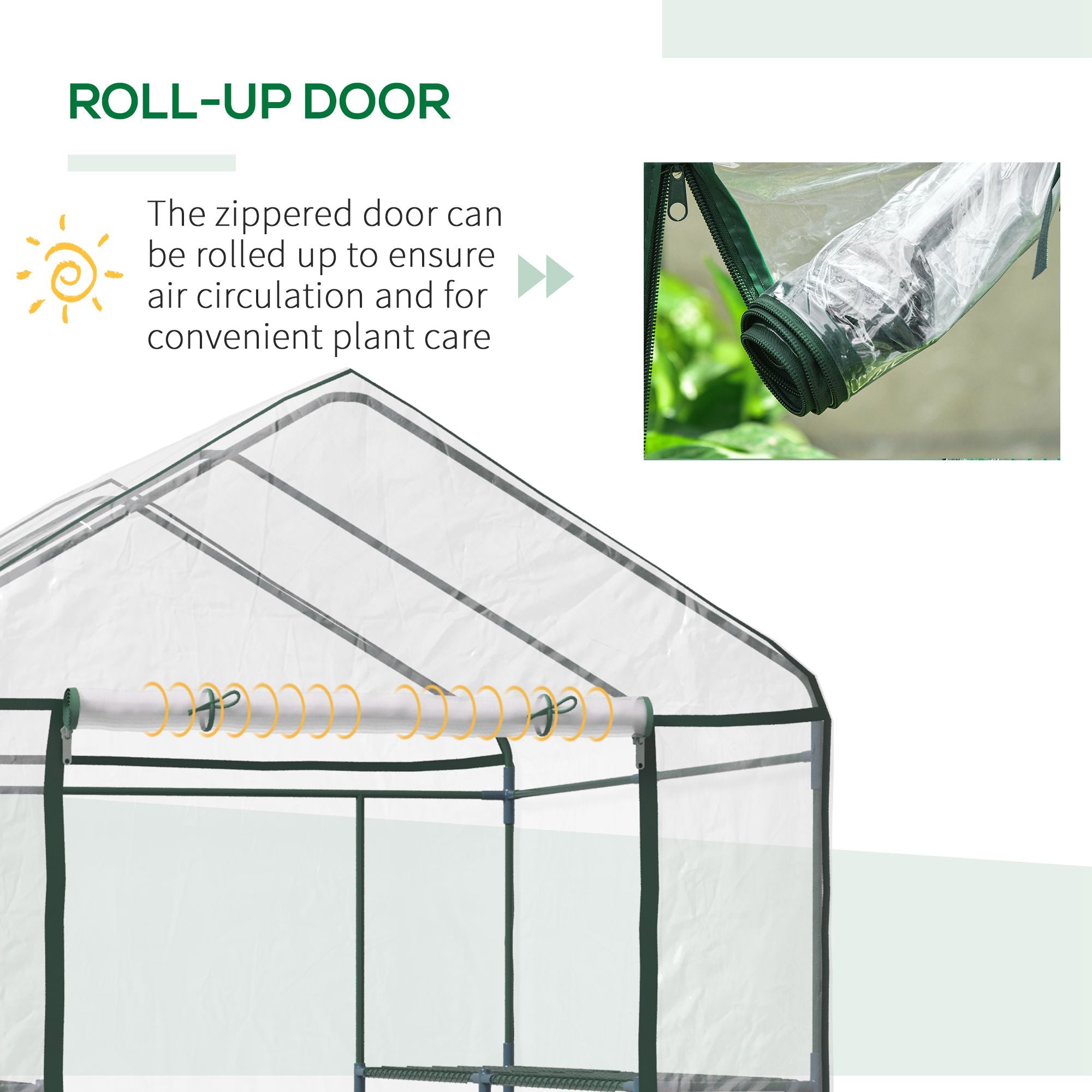 Outsunny Walk in Greenhouse with 3-Tier 8 Shelves, Green House with Hemmed Cover, Roll-up Zipped Door, Steel Frame, 143 x 143 x 195cm - North Peak Garden Furniture