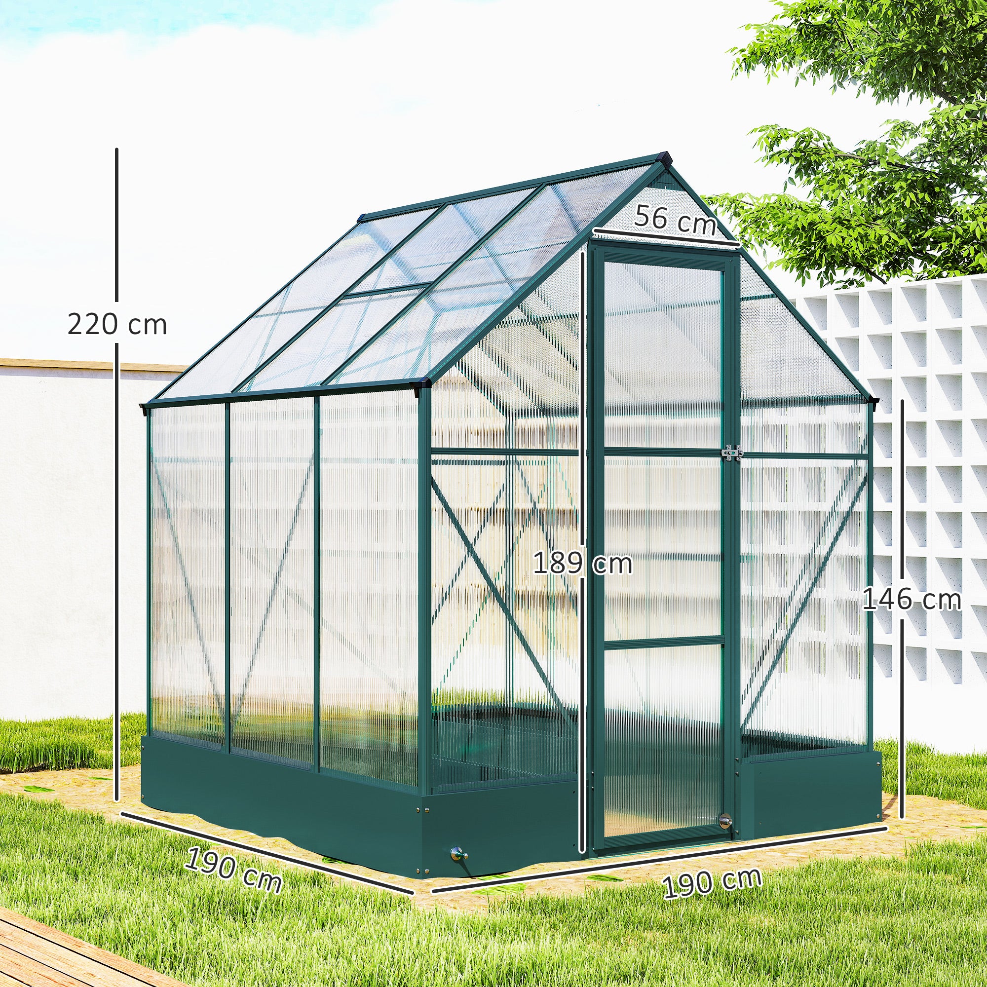 Outsunny Garden Walk-in Aluminium Greenhouse Polycarbonate with Plant Bed, Temperature Controlled Window, Foundation, 6 x 6ft