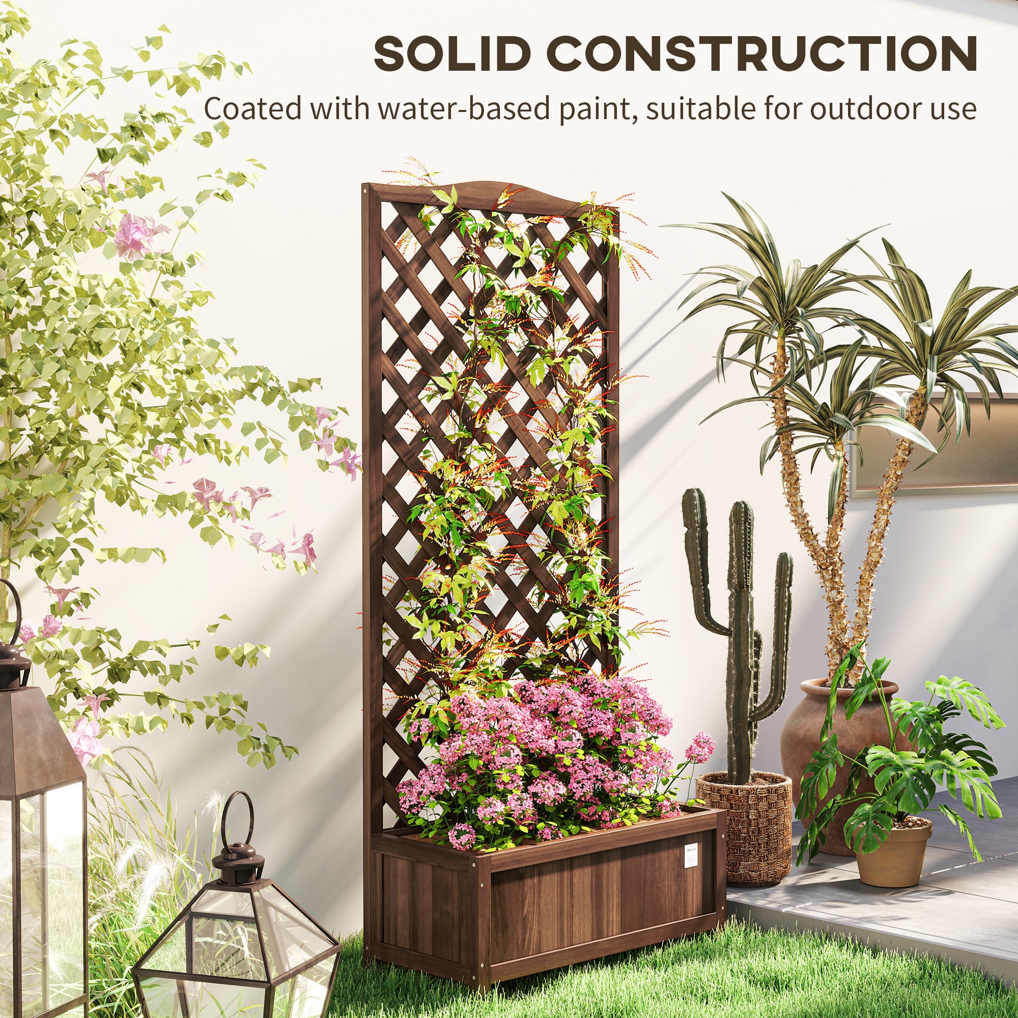 Outsunny 53L Garden Wooden Planter Box with Trellis Free Standing Flower Raised Bed with Lattice for Climbing Plants, 76cm x 36cm x 170cm, Dark Brown - North Peak Garden Furniture
