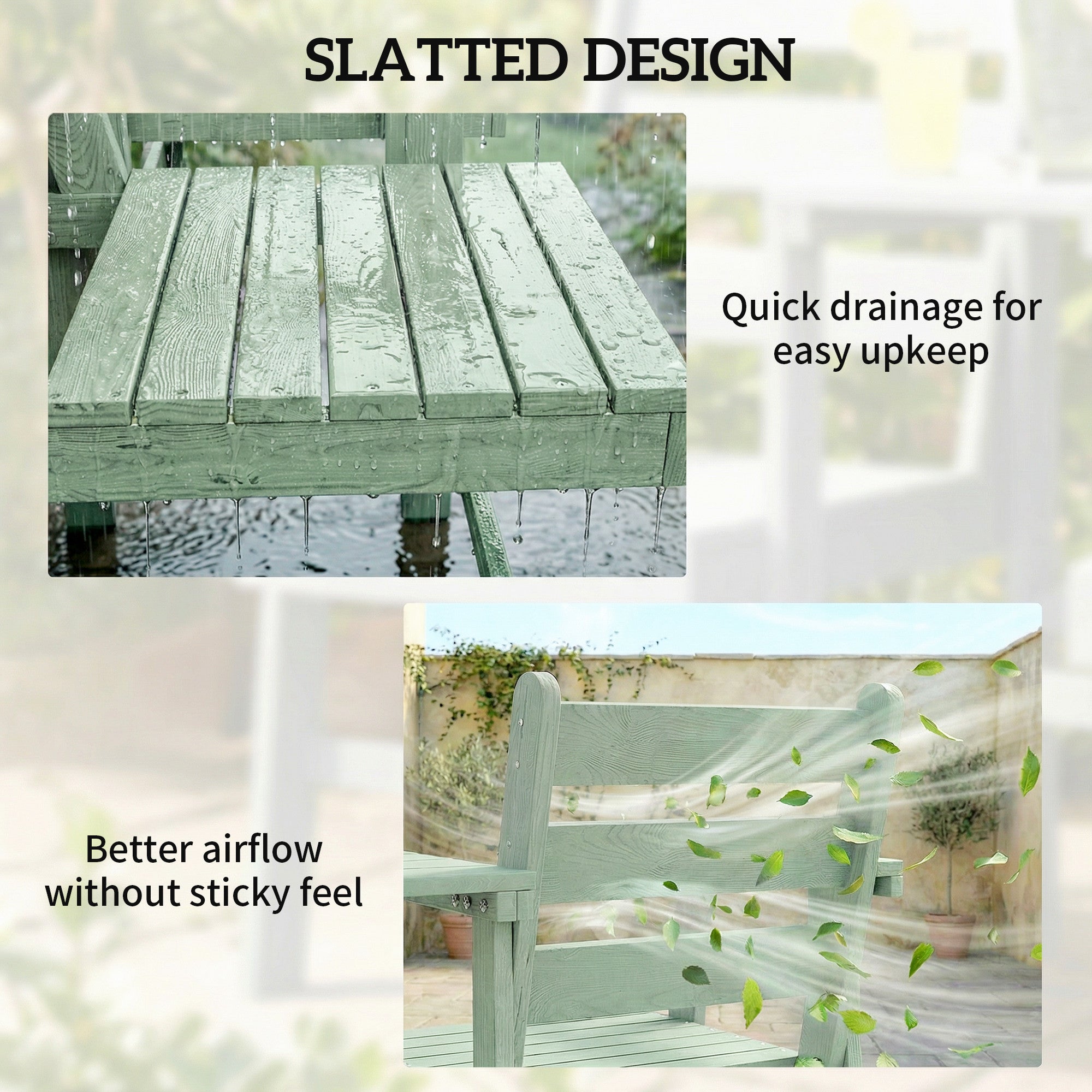 Outsunny Outdoor Garden Loveseat, Embossed Wooden Jack and Jill Garden Seat with Integrated Table, Green