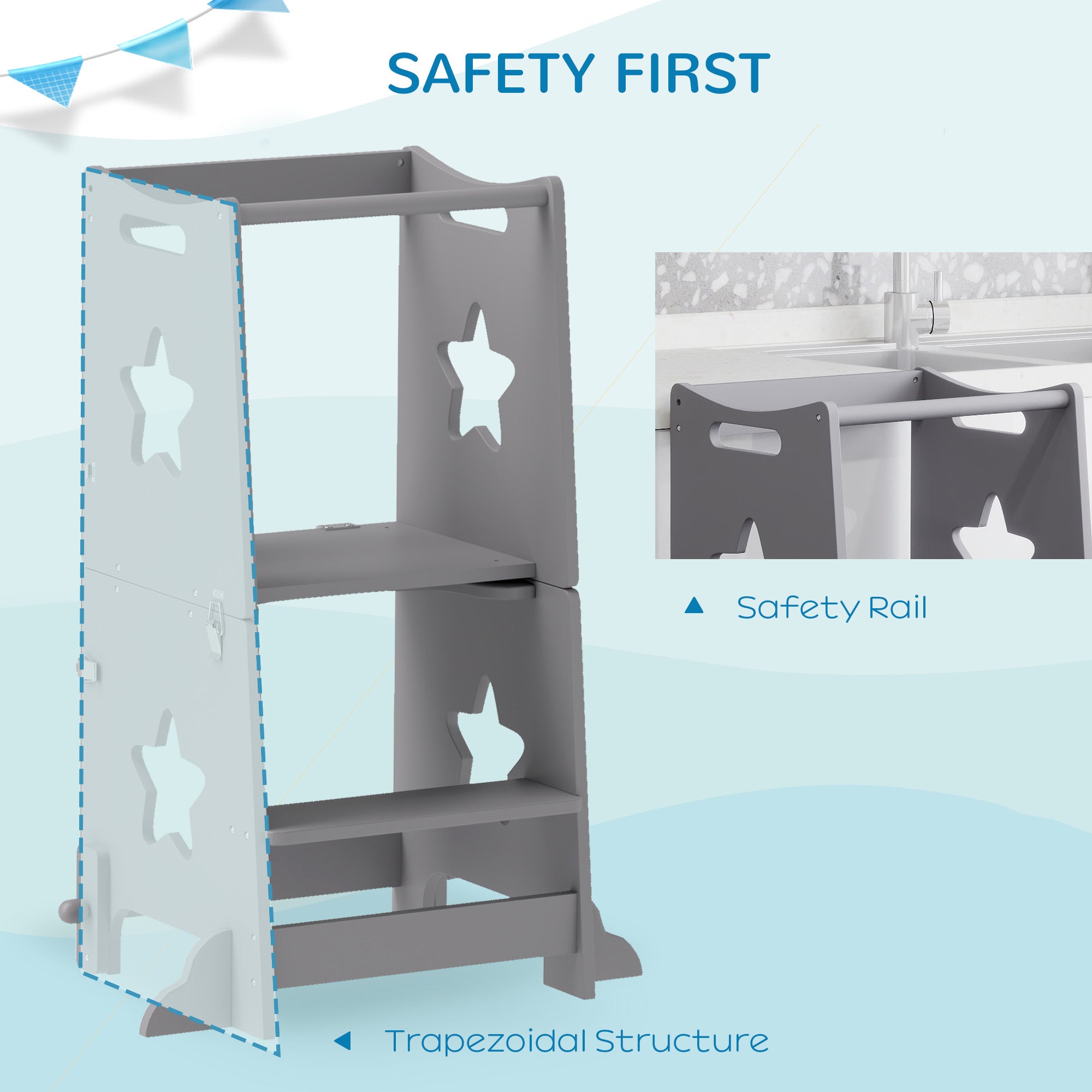 AIYAPLAY 2-in-1 Toddler Step Stool with Safety Rail for Kitchen, Bathroom, Grey