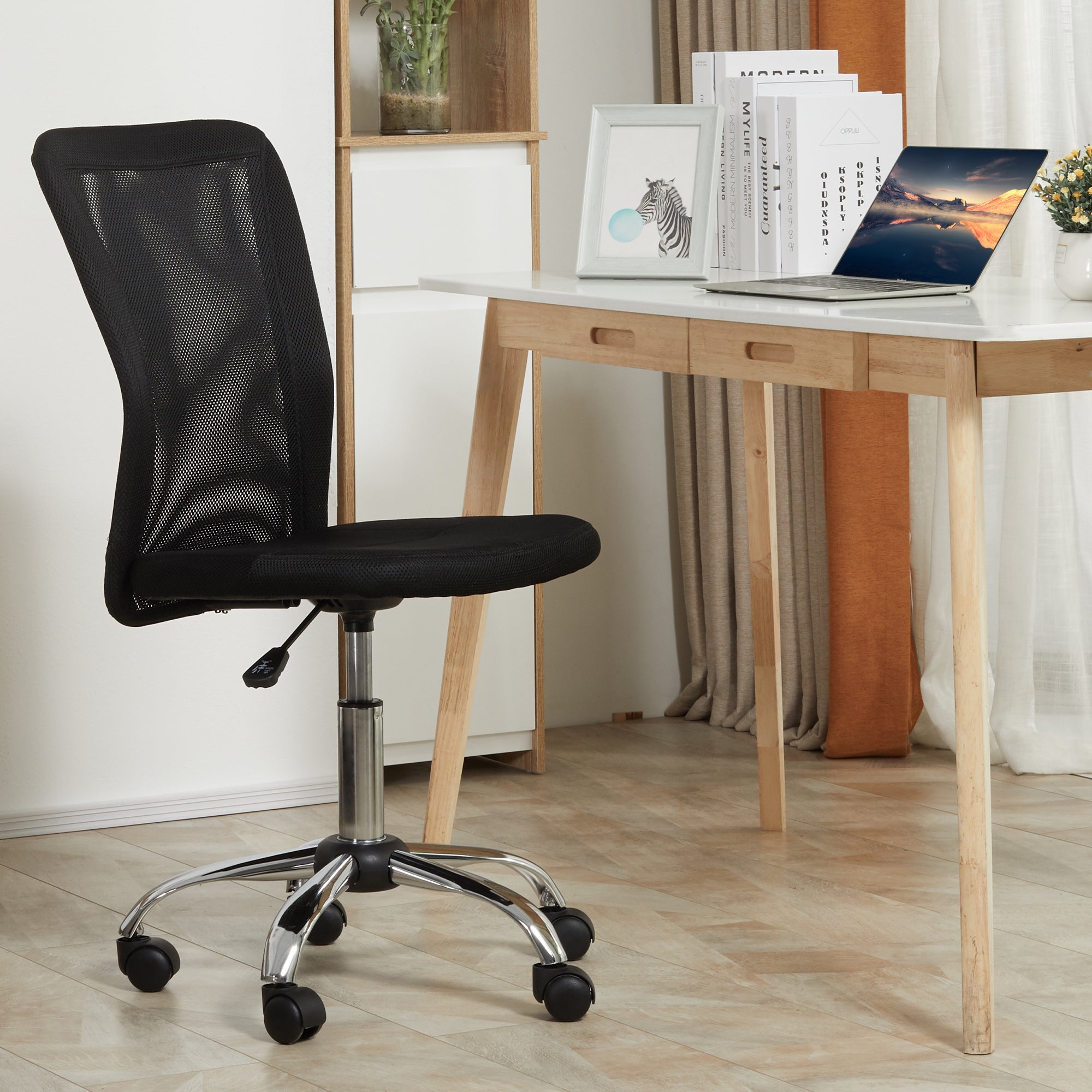 Vinsetto Office Chair, Armless Desk Chair, Adjustable Computer Swivel Chair with Rolling Wheels and Mesh Back for Home Work Study, Black - North Peak Garden Furniture