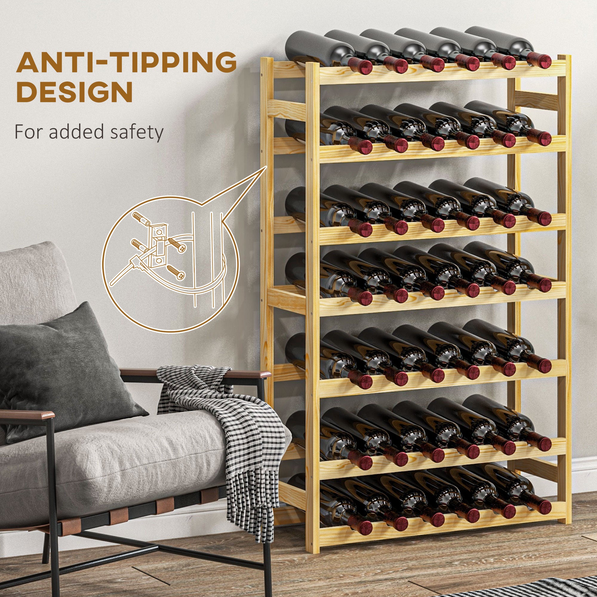 HOMCOM 42-Bottle Wooden Wine Rack - Natural Finish