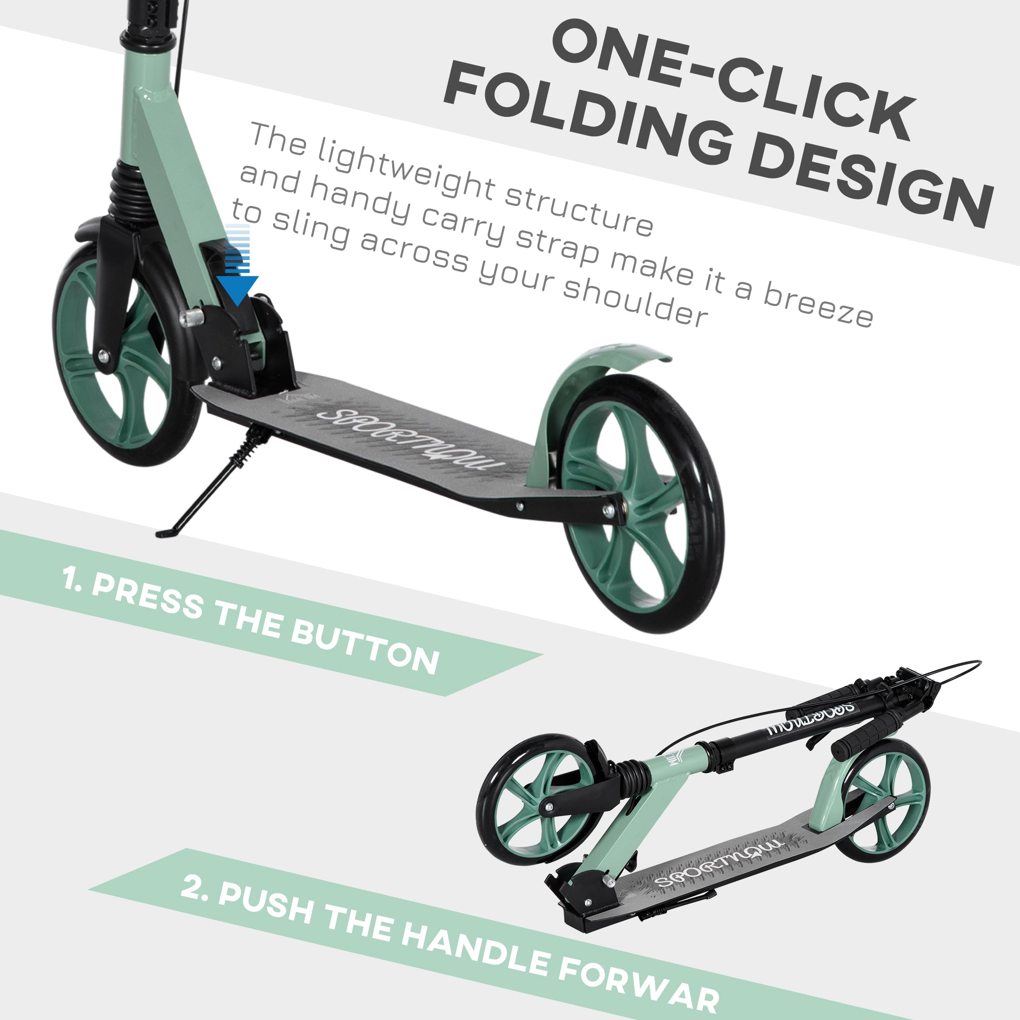 HOMCOM One-click Folding Kick Scooter for 14+ w/ Adjustable Handlebar, Push Scooter with Kickstand, Dual Brake System, Shock Absorber, 200mm Wheels & ABEC-9 Bearings - North Peak Garden Furniture