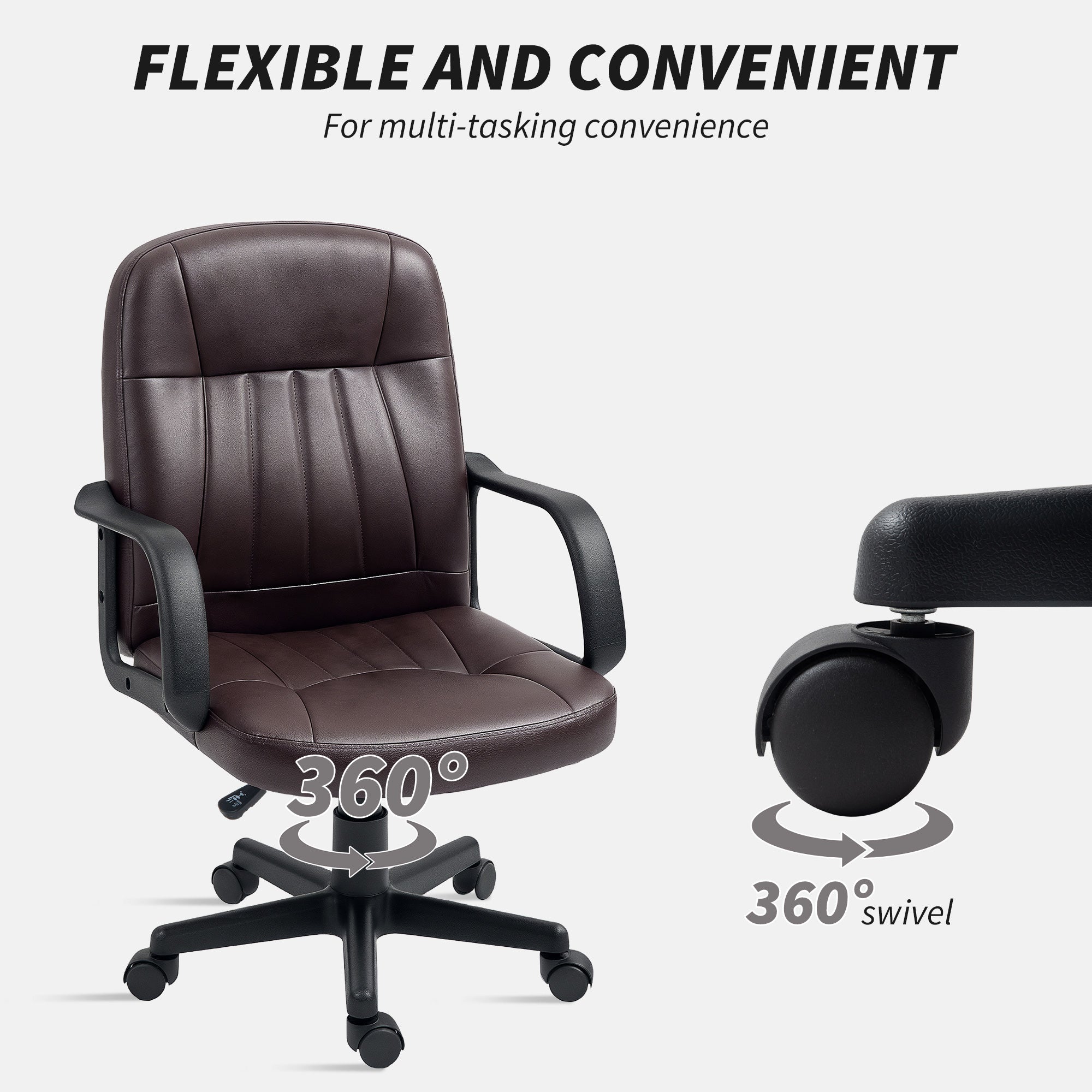 HOMCOM Swivel Executive Chair PU Leather Computer Desk Chair, Dark Brown - North Peak Garden Furniture