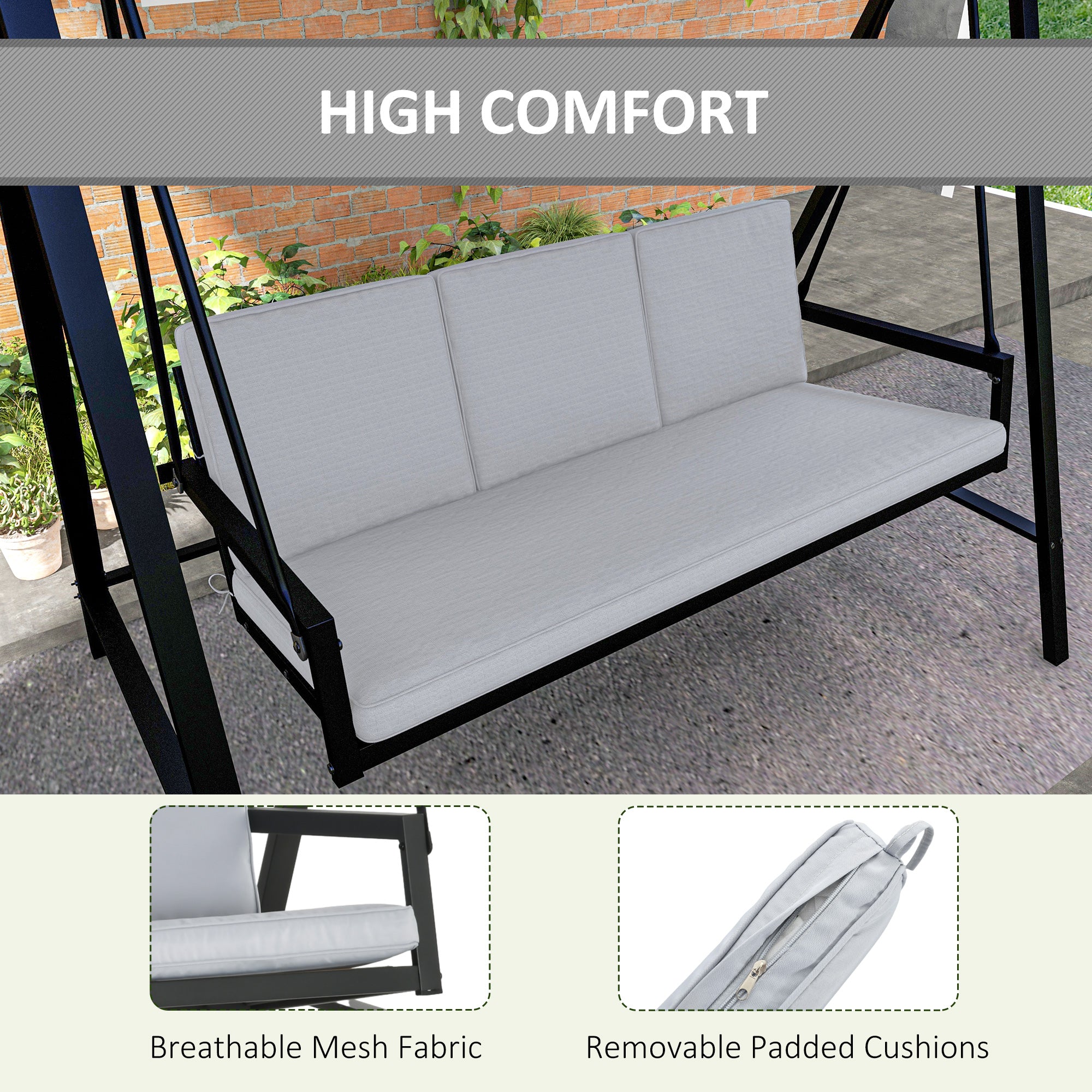 Outsunny Three-Seat Garden Swing Chair, with Adjustable Canopy - Grey - North Peak Garden Furniture