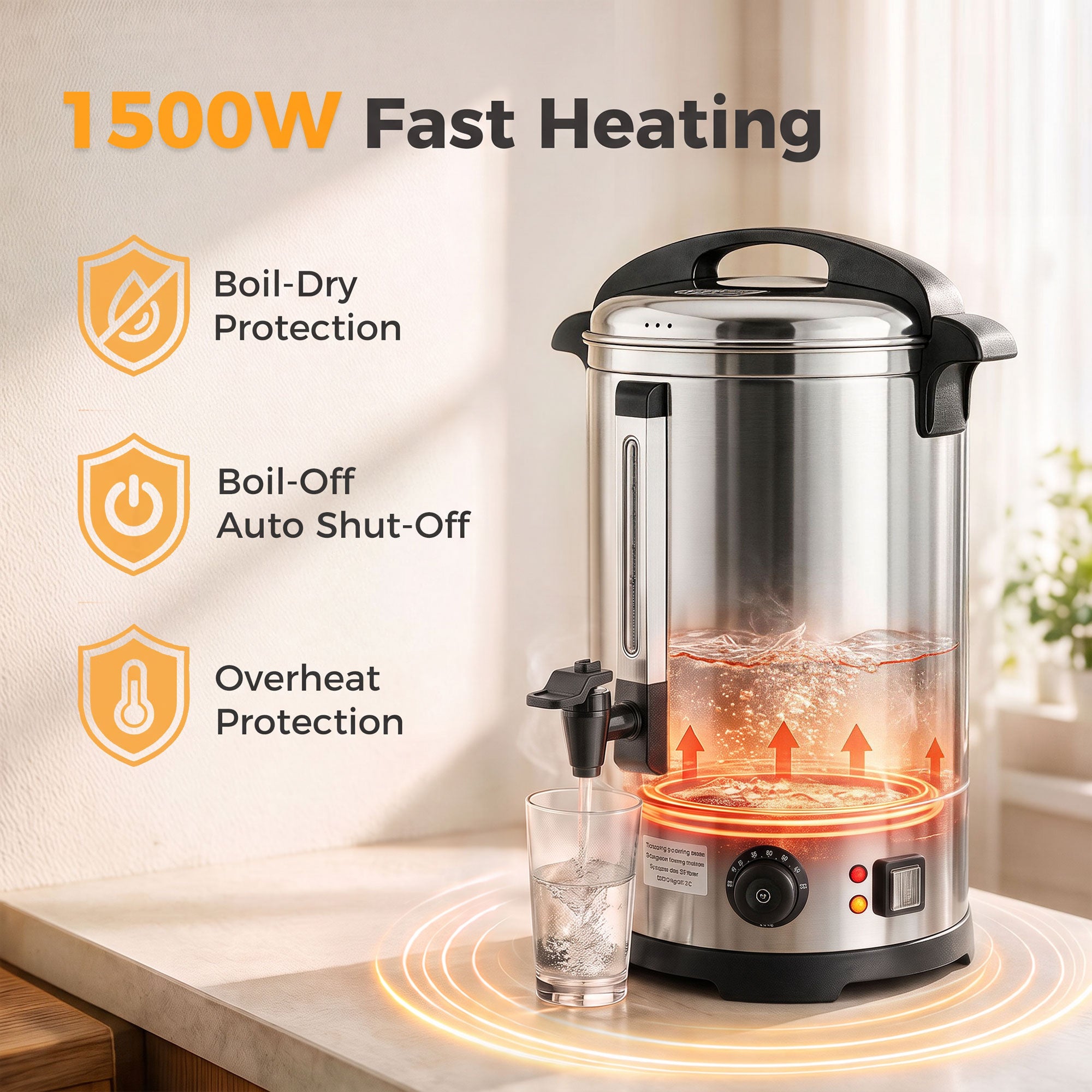 HOMCOM 6.5L Catering Urn, 1500W Stainless Steel Hot Water Boiler Dispenser with Thermostat, Keep Warm Function & Easy Pour Tap