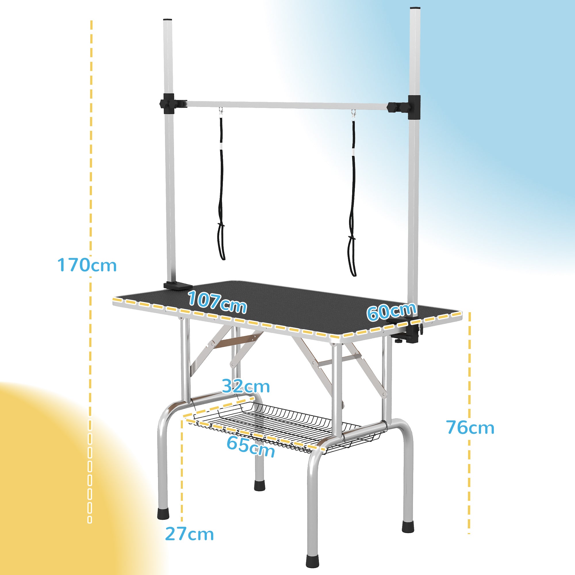 PawHut 42" Dog Grooming Table Adjustable Pet Cat Drying Beauty Table Rubber Top with 2 Loops Storage Basket Metal Black