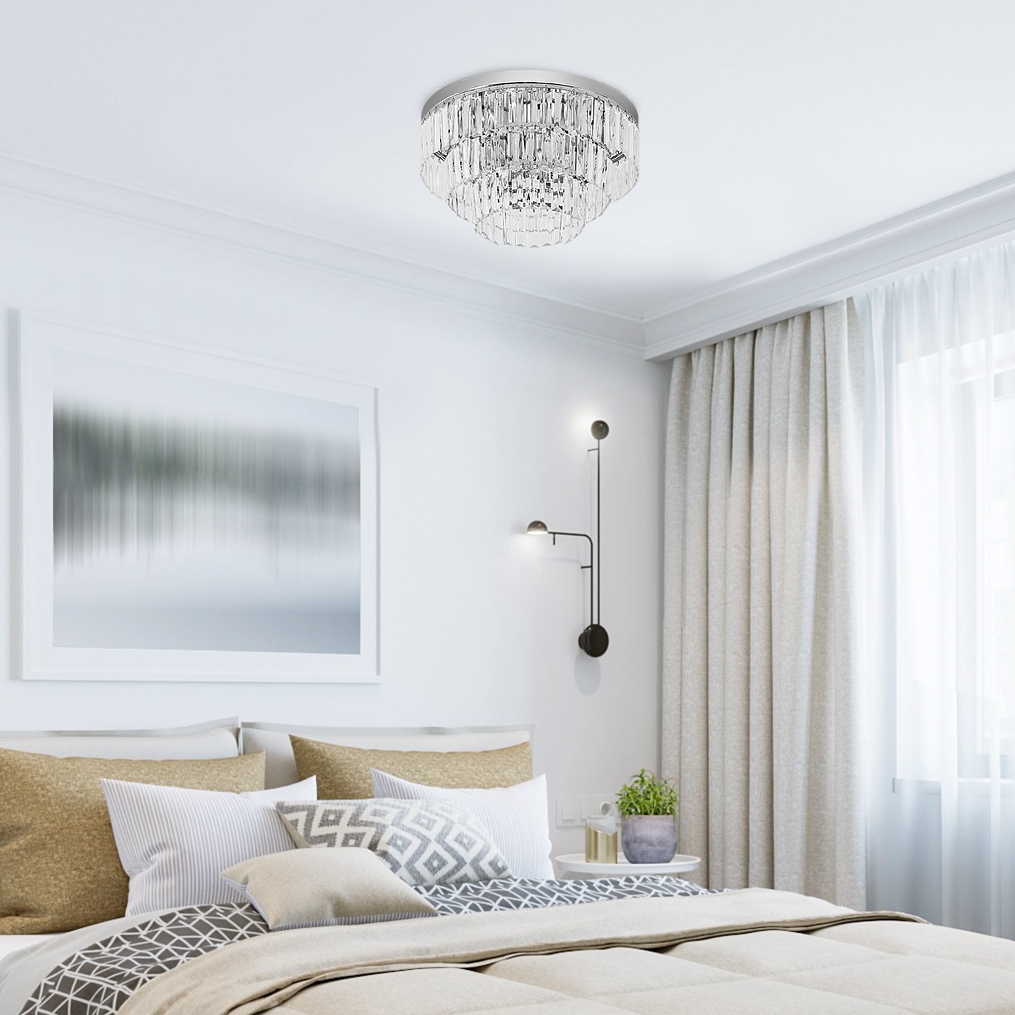 HOMCOM Round Crystal Ceiling Lamp 7 Lights Chandelier Mounted Fixture For Living Room Dining Room Hallway Modern - North Peak Garden Furniture