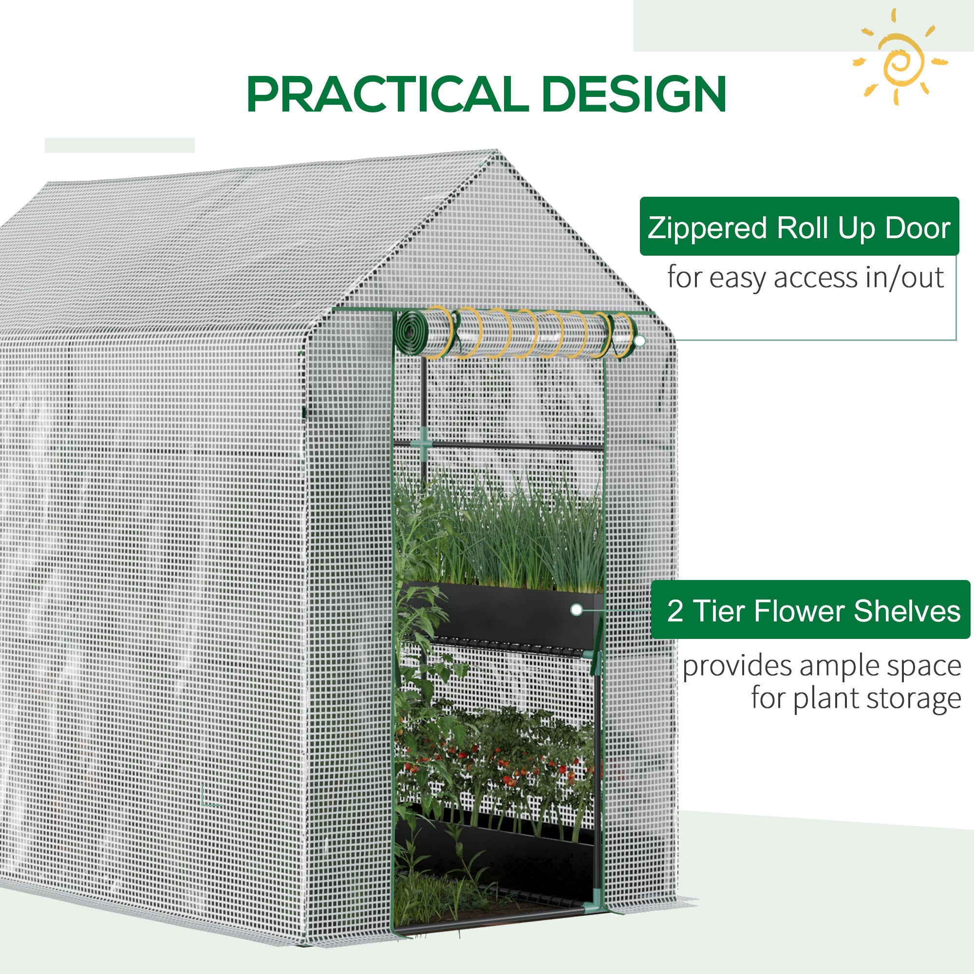Outsunny Walk in Garden Greenhouse with 2-Tier Shelves Polytunnel Steeple Grow House 6 x 4 x 6ft White - North Peak Garden Furniture