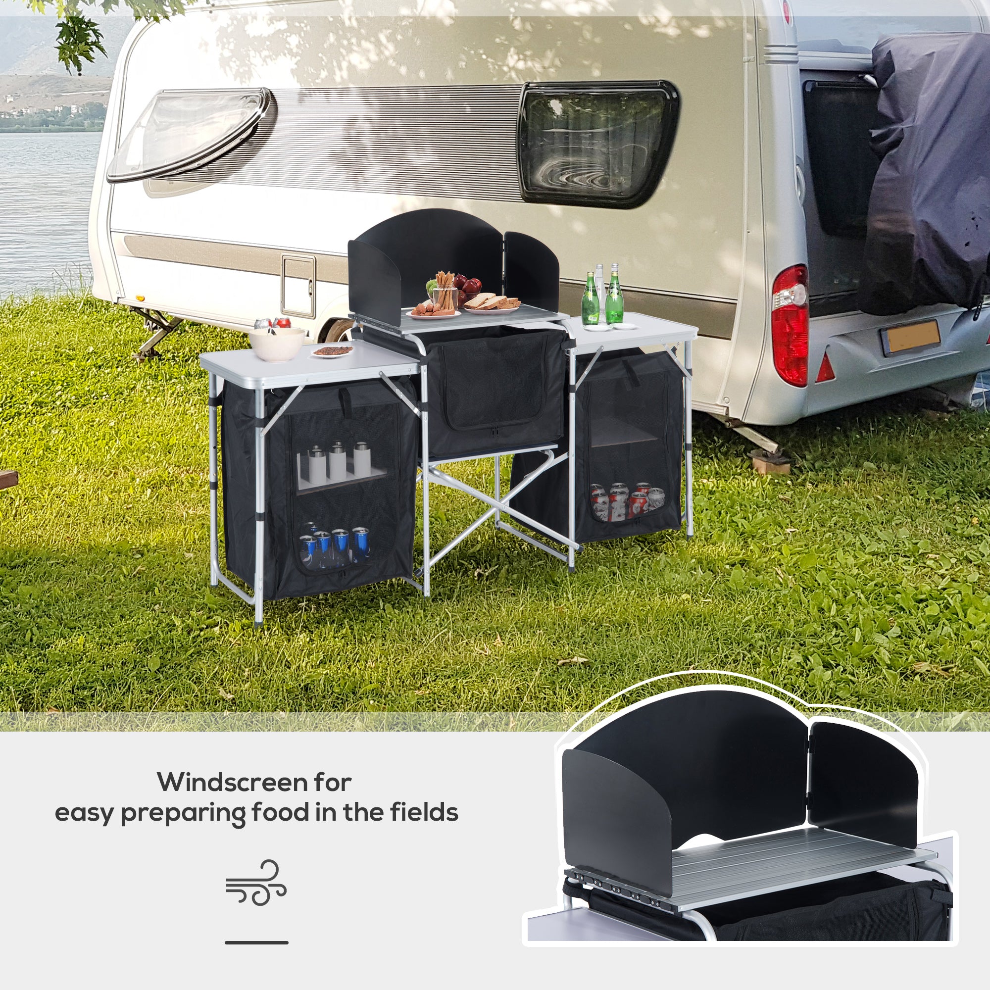 Outsunny Multi-Storage Portable Camping Kitchen, with Heat-Resistant Tabletops and Bag - North Peak Garden Furniture