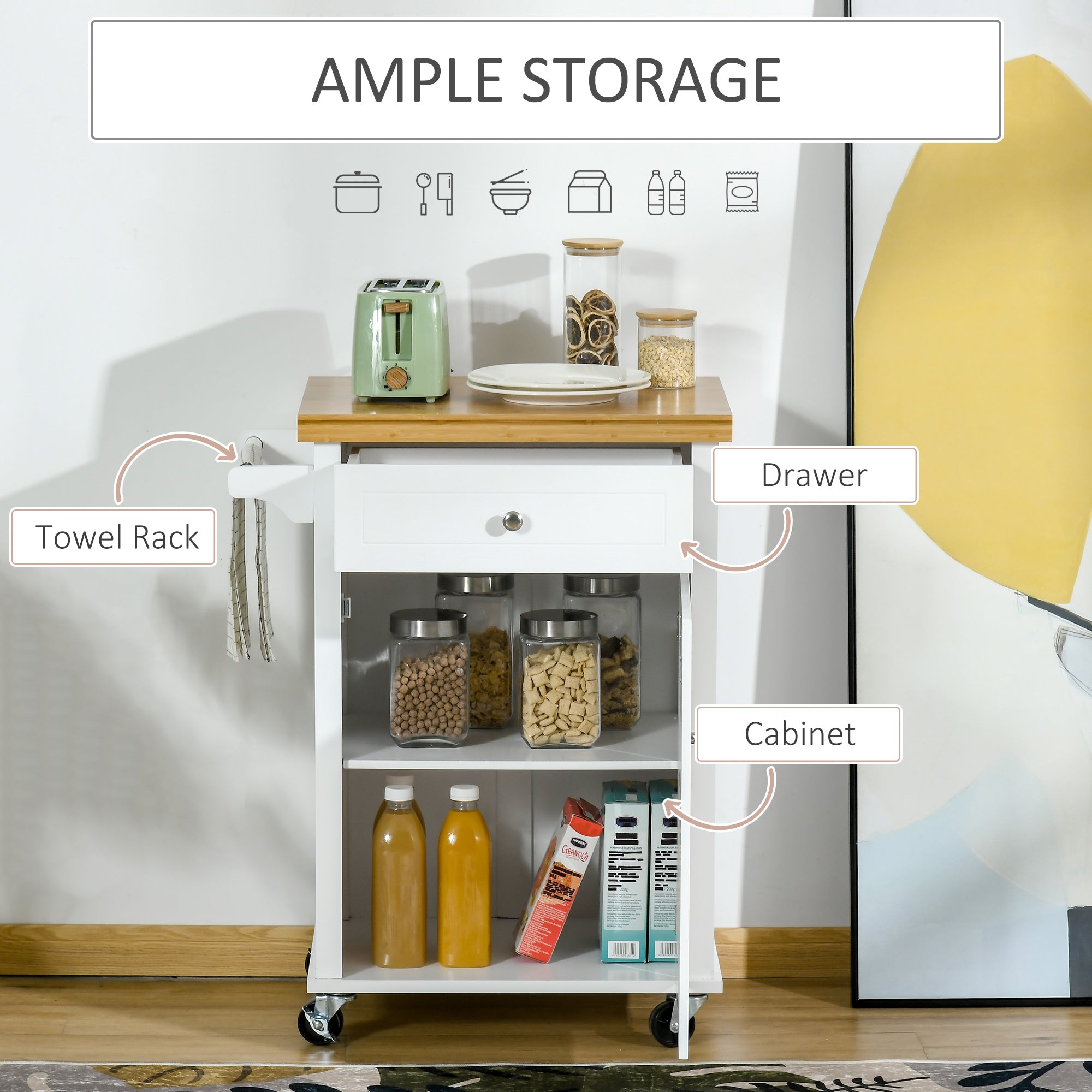 HOMCOM Kitchen Cart Storage Trolley Wooden Cabinet with Drawer Cupboard Towel Rail White - North Peak Garden Furniture