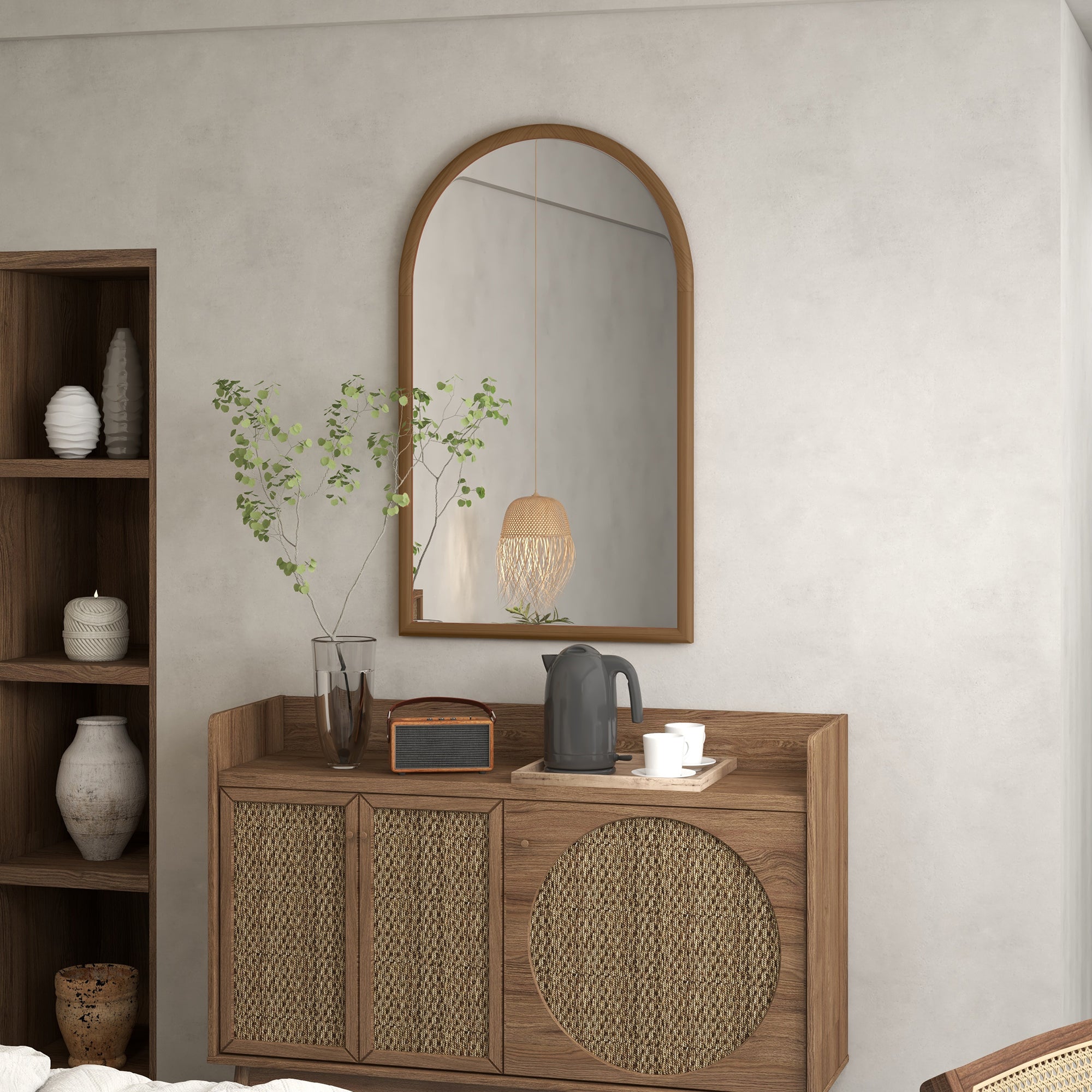 HOMCOM 110 x 65cm Wooden Arched Mirror - Natural Finish - North Peak Garden Furniture