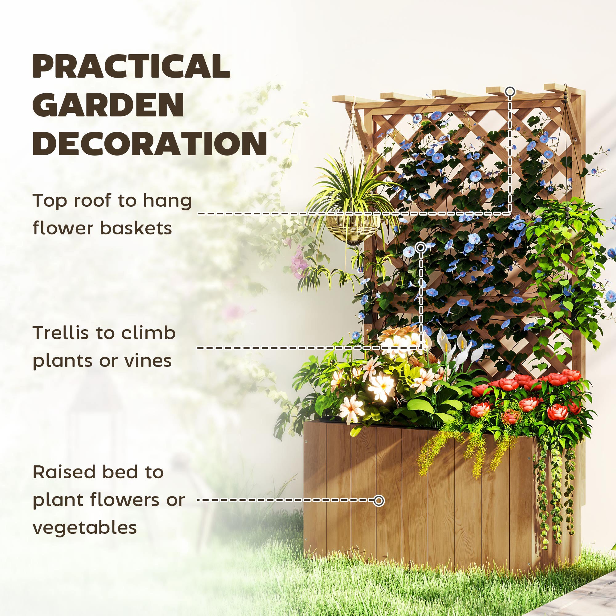 Outsunny Wooden Planter with Trellis, Freestanding Raised Garden Bed with Drainage Holes, Outdoor Planter Box with Liner for Vegetables, Herbs and Flowers, Natural - North Peak Garden Furniture