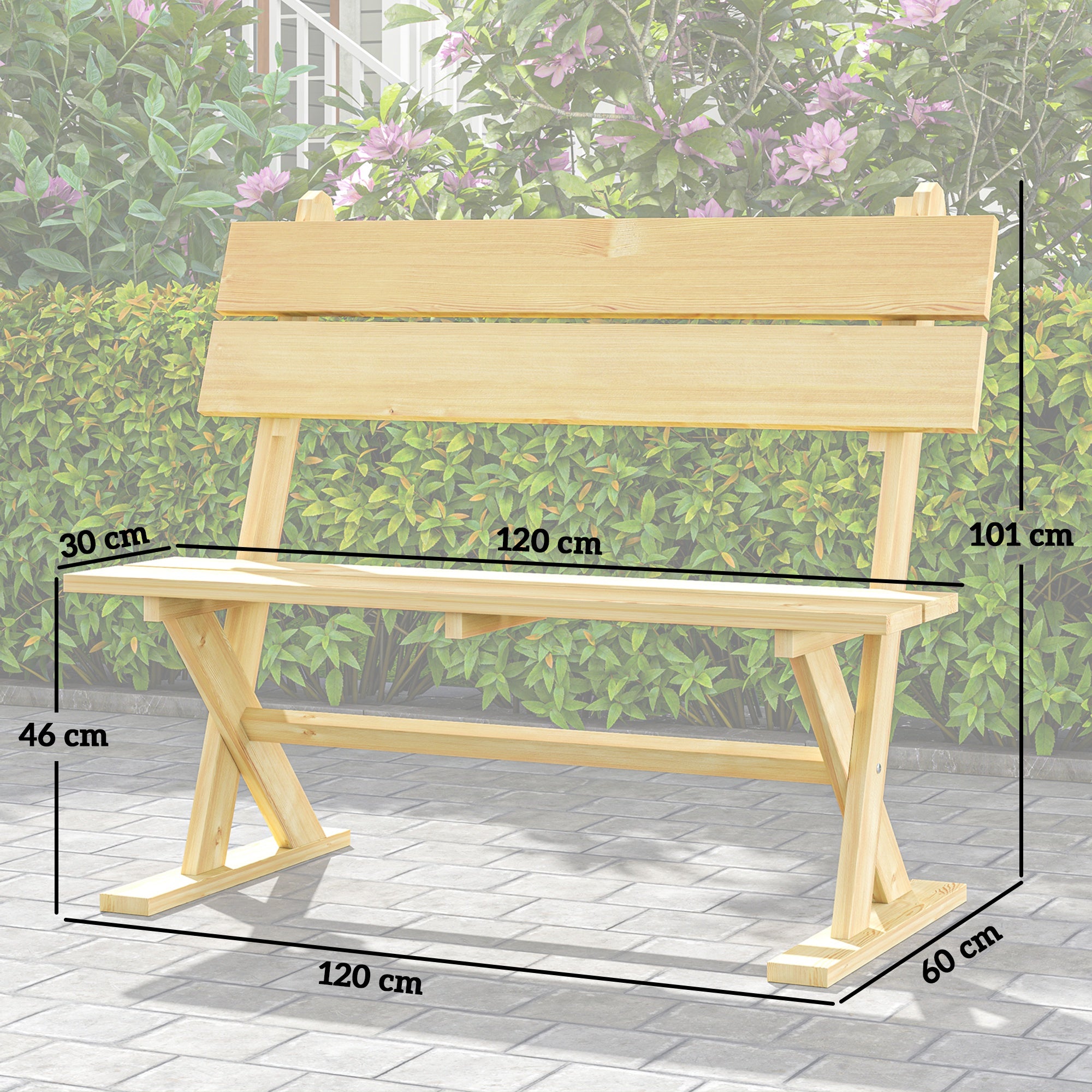 Outsunny 2 Seater Wooden Garden Bench, Fir Wood Outdoor Bench, Garden Loveseat with Slatted Seat, Sloping Back and Wide Feet for Patio, Park, Natural Wood Finish - North Peak Garden Furniture