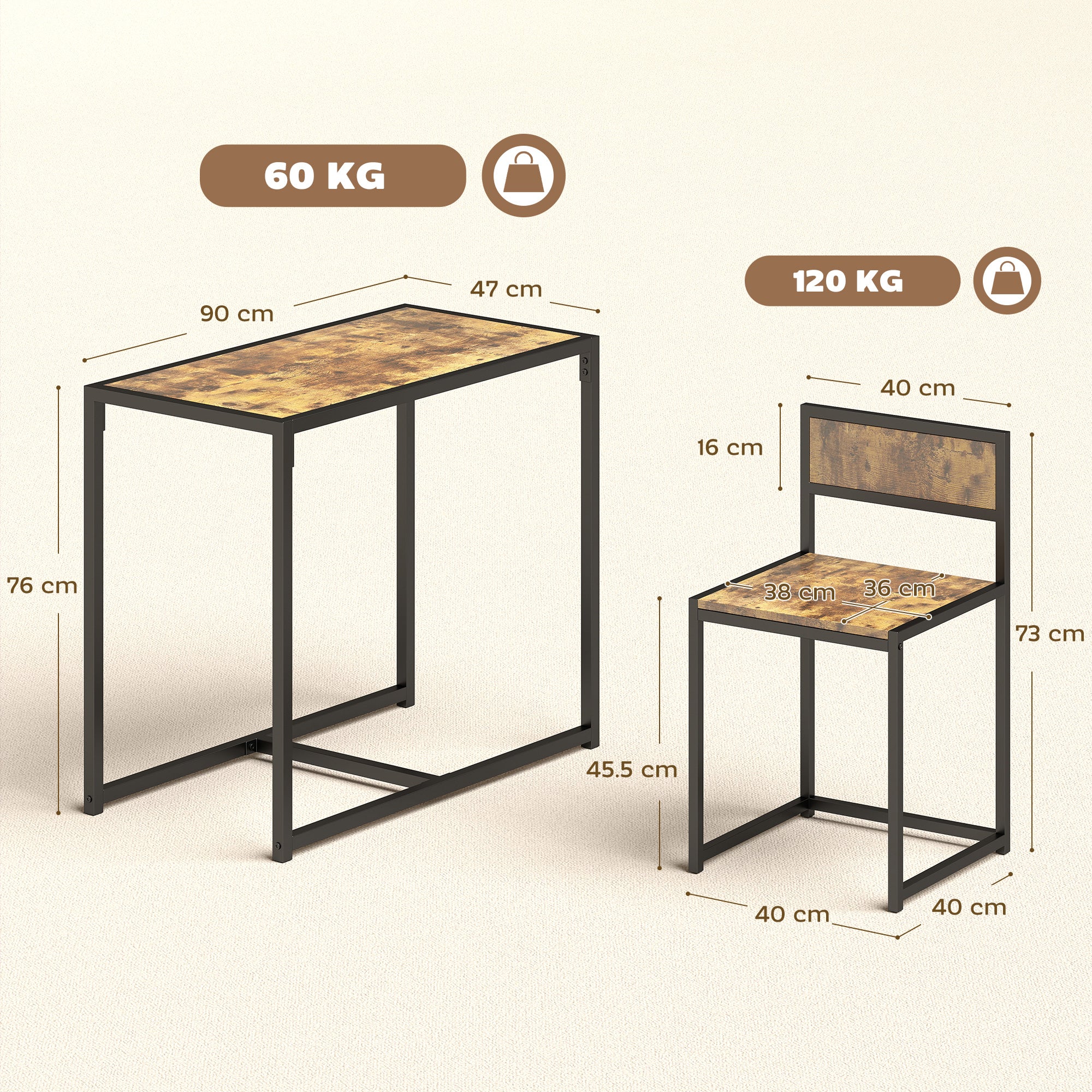 HOMCOM 3 Piece Table Stool Set - Rustic Brown