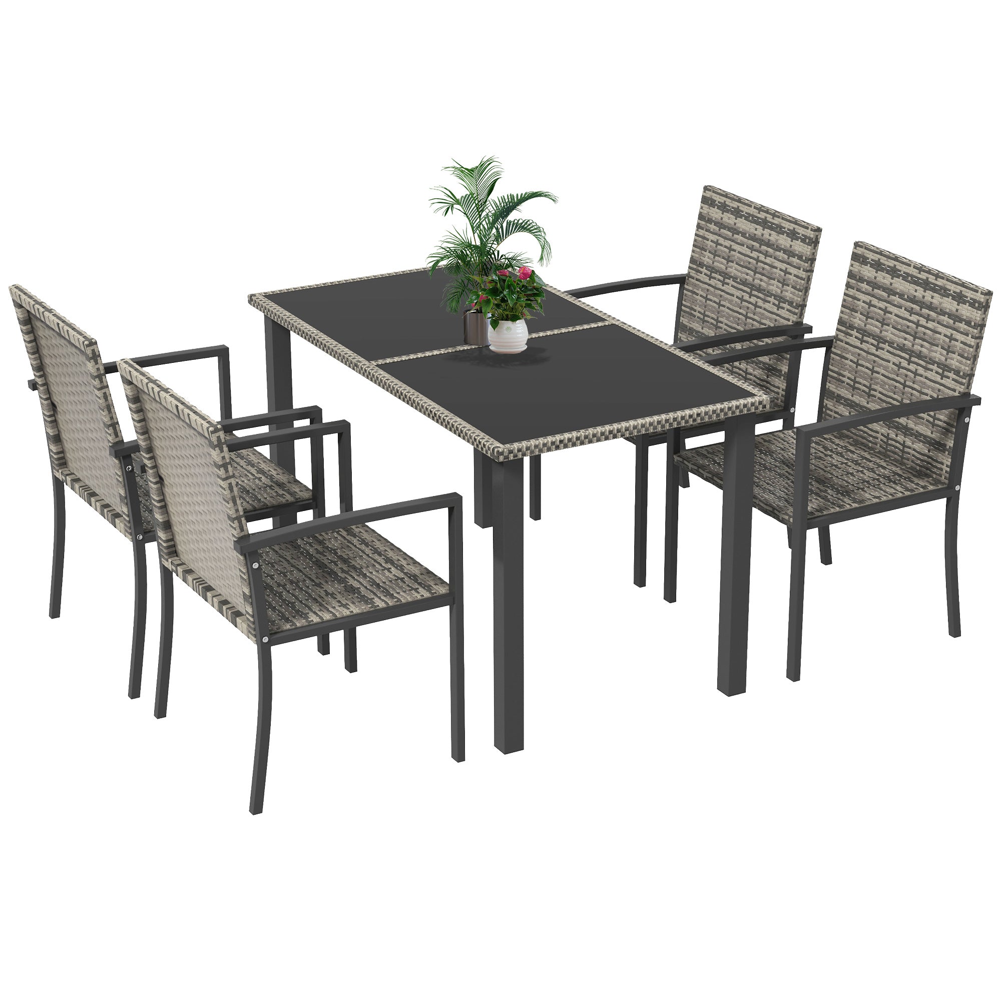 Outsunny Outdoor Dining Set 5 Pieces Patio Conservatory with Tempered Glass Tabletop,4 Dining Chairs - Mixed Grey - North Peak Garden Furniture
