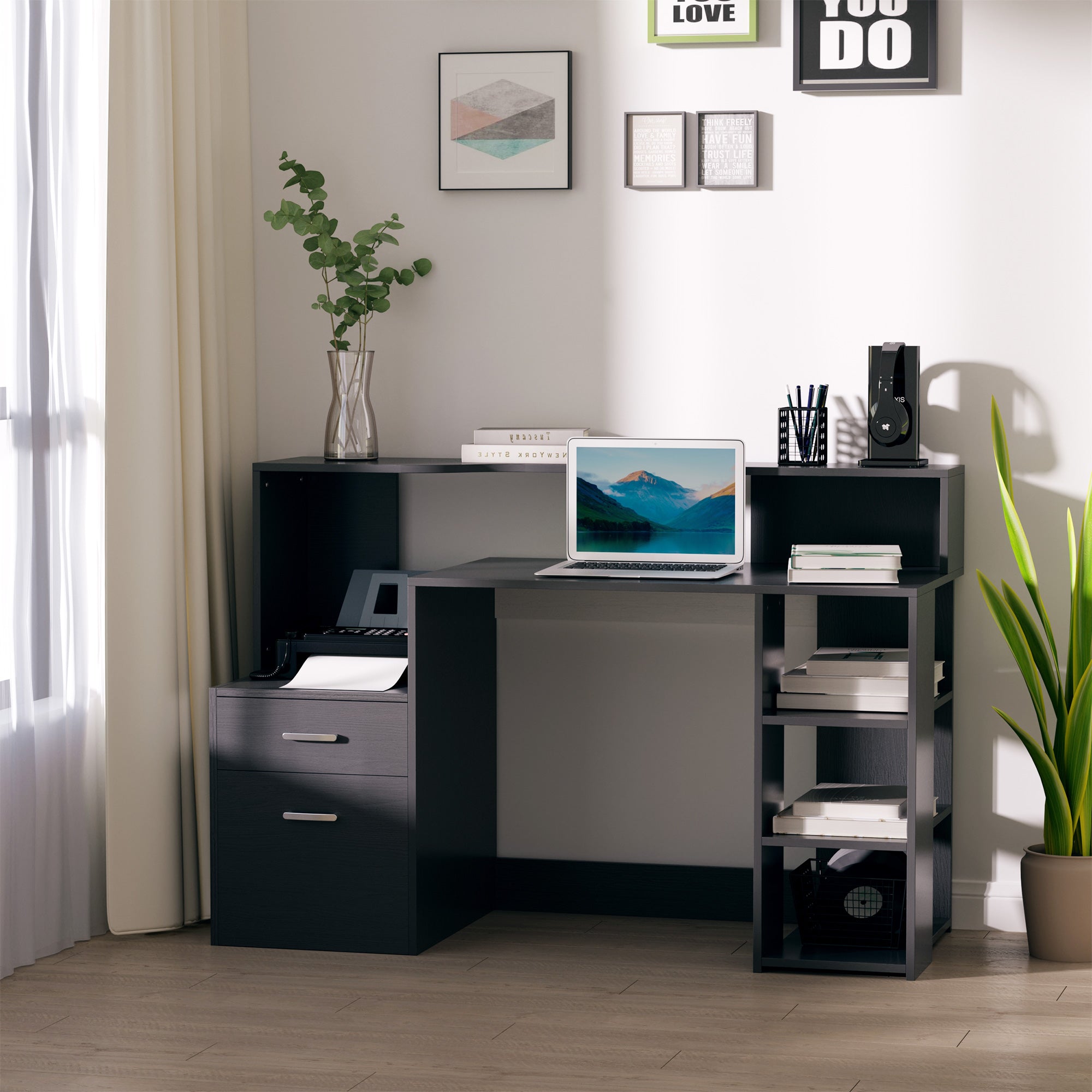 HOMCOM Computer Desk with Drawers and Storage Shelves, Reception Desk, Study Workstation for Home Office, 137 x 55 x 92cm, Black - North Peak Garden Furniture