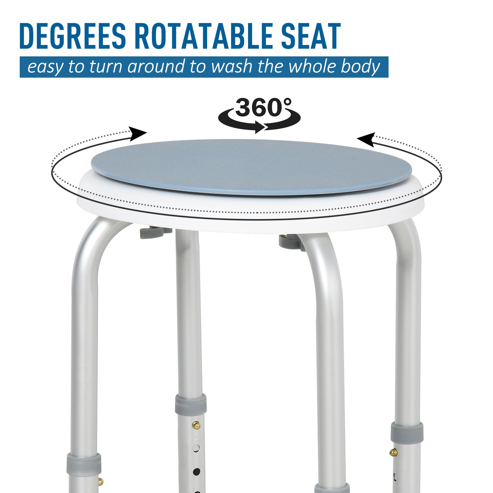 HOMCOM 360° Swivel Shower Chair, Height Adjustable Aluminium Shower Stool with Non-Slip Feet for Disabled, Elderly, Blue - North Peak Garden Furniture