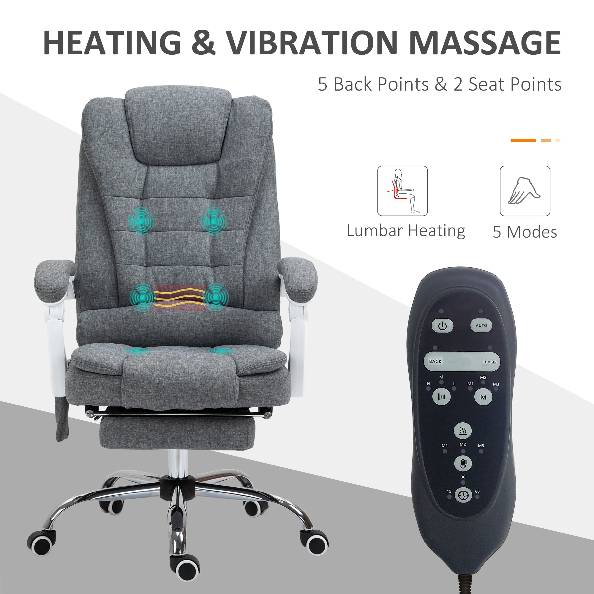 Vinsetto Heated 6 Points Vibration Massage Executive Office Chair Adjustable Swivel Ergonomic High Back Desk Chair Recliner with Footrest Grey - North Peak Garden Furniture