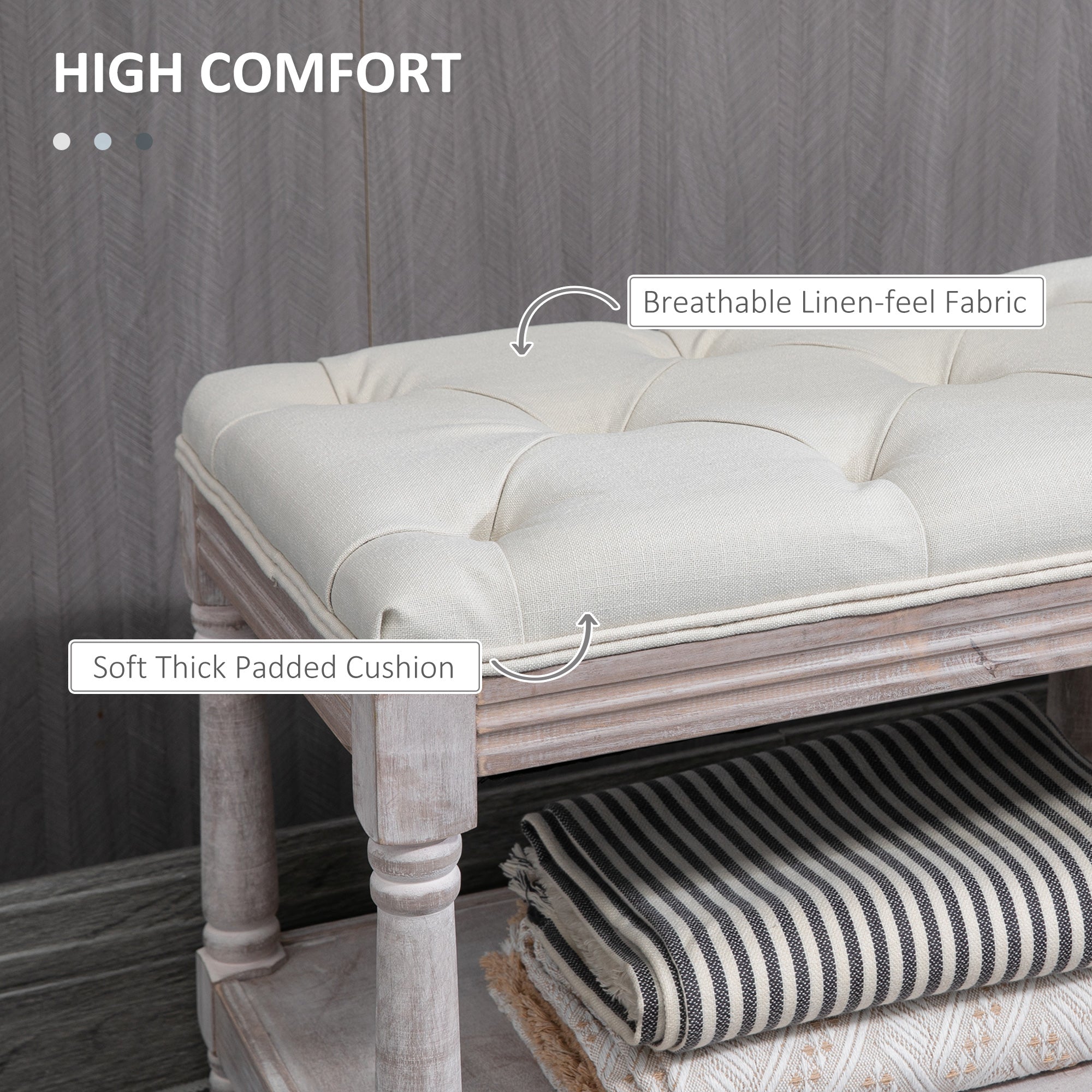 HOMCOM 2-Tier Bed End Bench, Vintage Stool, Wooden Window Seat with Storage Shelf, Button Tufted Upholstered Footstool for Living Room, Bedroom, Entryway, Cream White - North Peak Garden Furniture