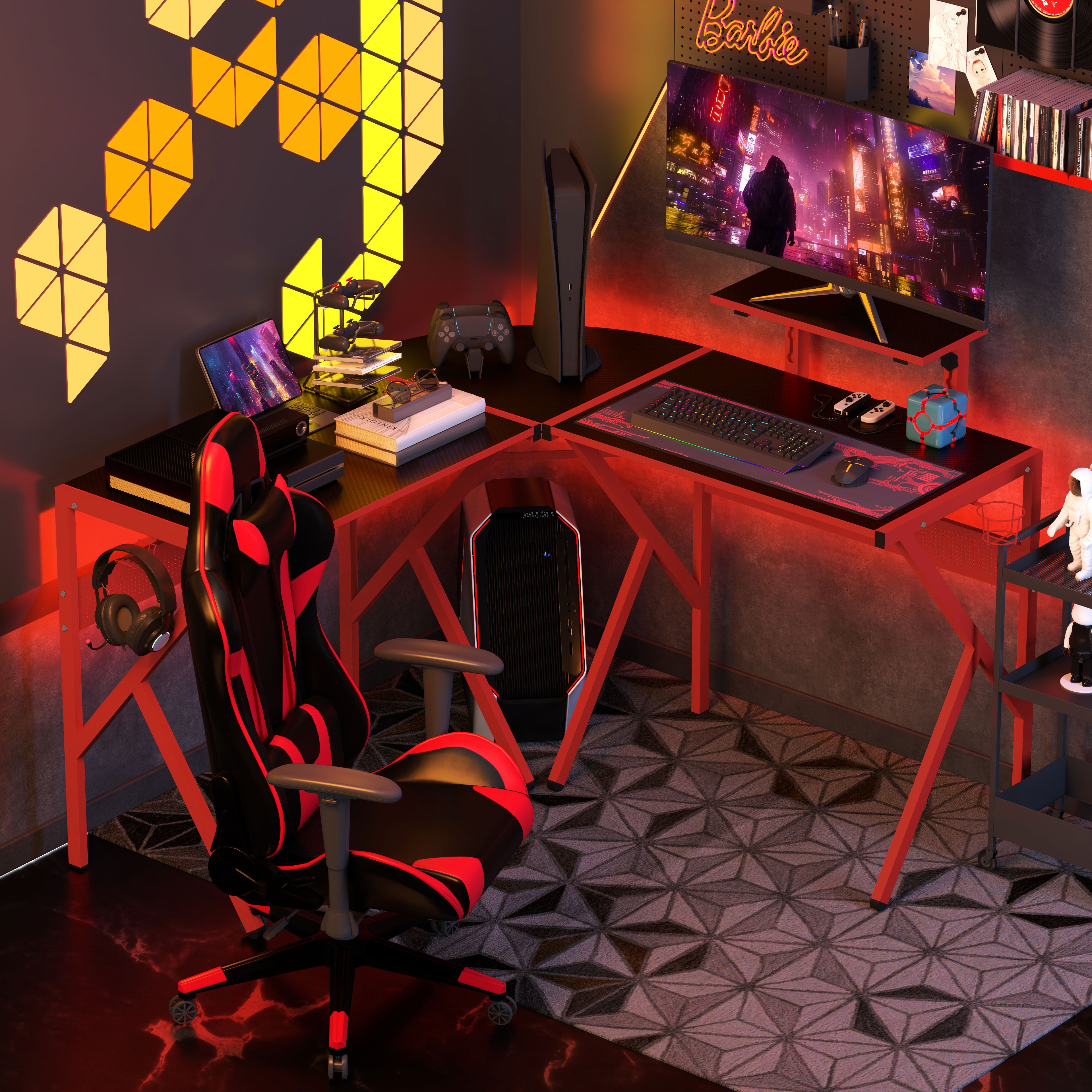 HOMCOM Gaming Desk L-Shaped Corner Computer Table for Home Office PC Workstations with Adjustable Monitor Stand Cup Holder Headphone Hook 125x125x75cm, Red - North Peak Garden Furniture