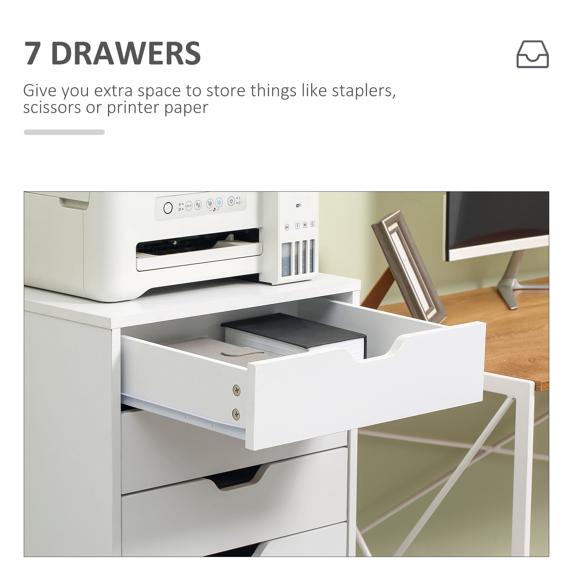 Vinsetto Vertical Filing Cabinet, 7-drawer File Cabinet, Mobile Office Cabinet on Wheels for Study, Home Office, White - North Peak Garden Furniture