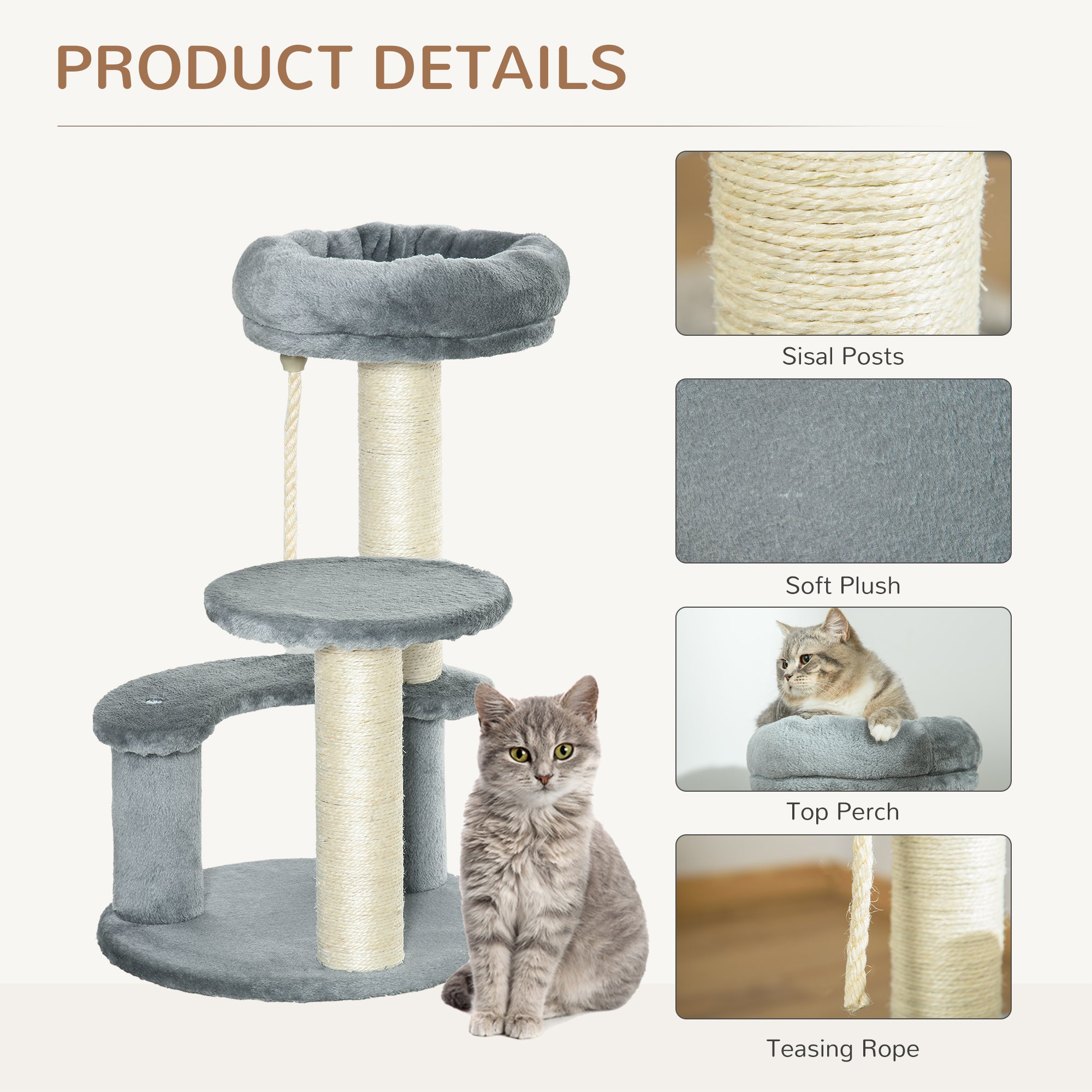 PawHut 65cm Cat Tree, Cat Tower for Kittens, Small Cat Condo with Sisal Scratching Posts, Hanging Rope, Perches - Grey