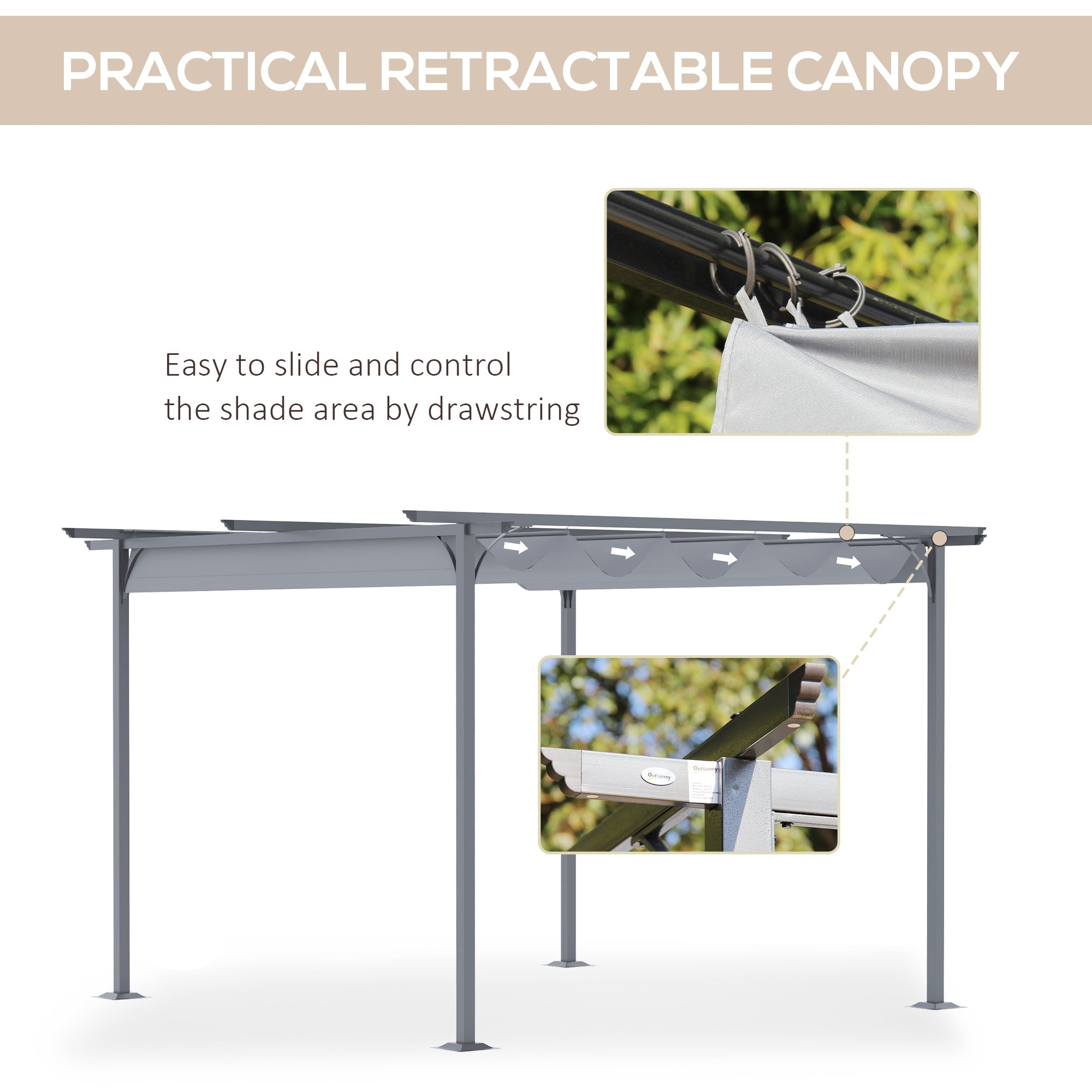 Outsunny 3.5M X 3.5M Metal Pergola Gazebo Awning Retractable Canopy Outdoor Garden Sun Shade Shelter Marquee Party BBQ, Grey - North Peak Garden Furniture
