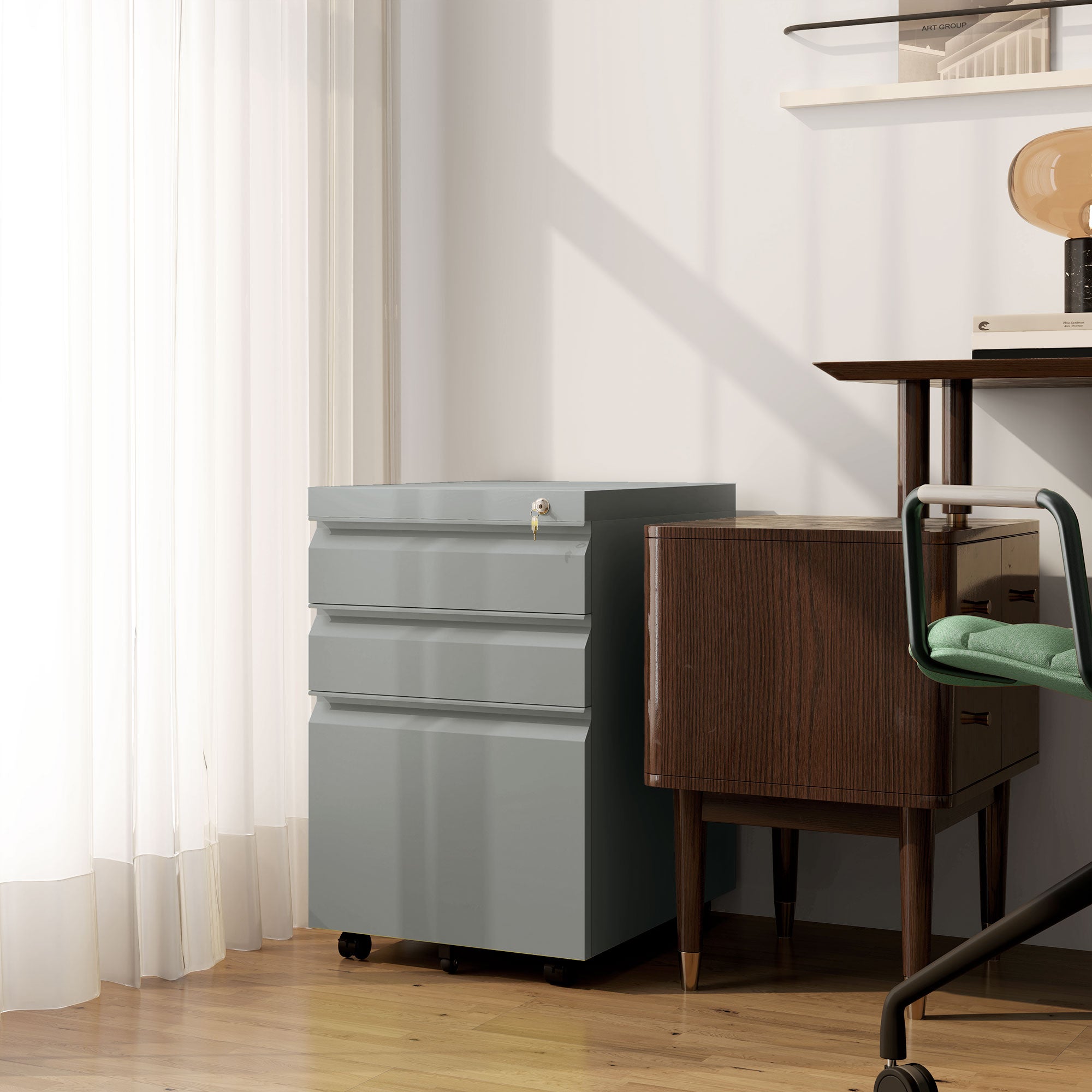 Vinsetto 3 Drawer Filling Cabinet, Mobile Metal File Cabinet with Anti-tilt Design for Letter, A4, Legal Size, Grey - North Peak Garden Furniture