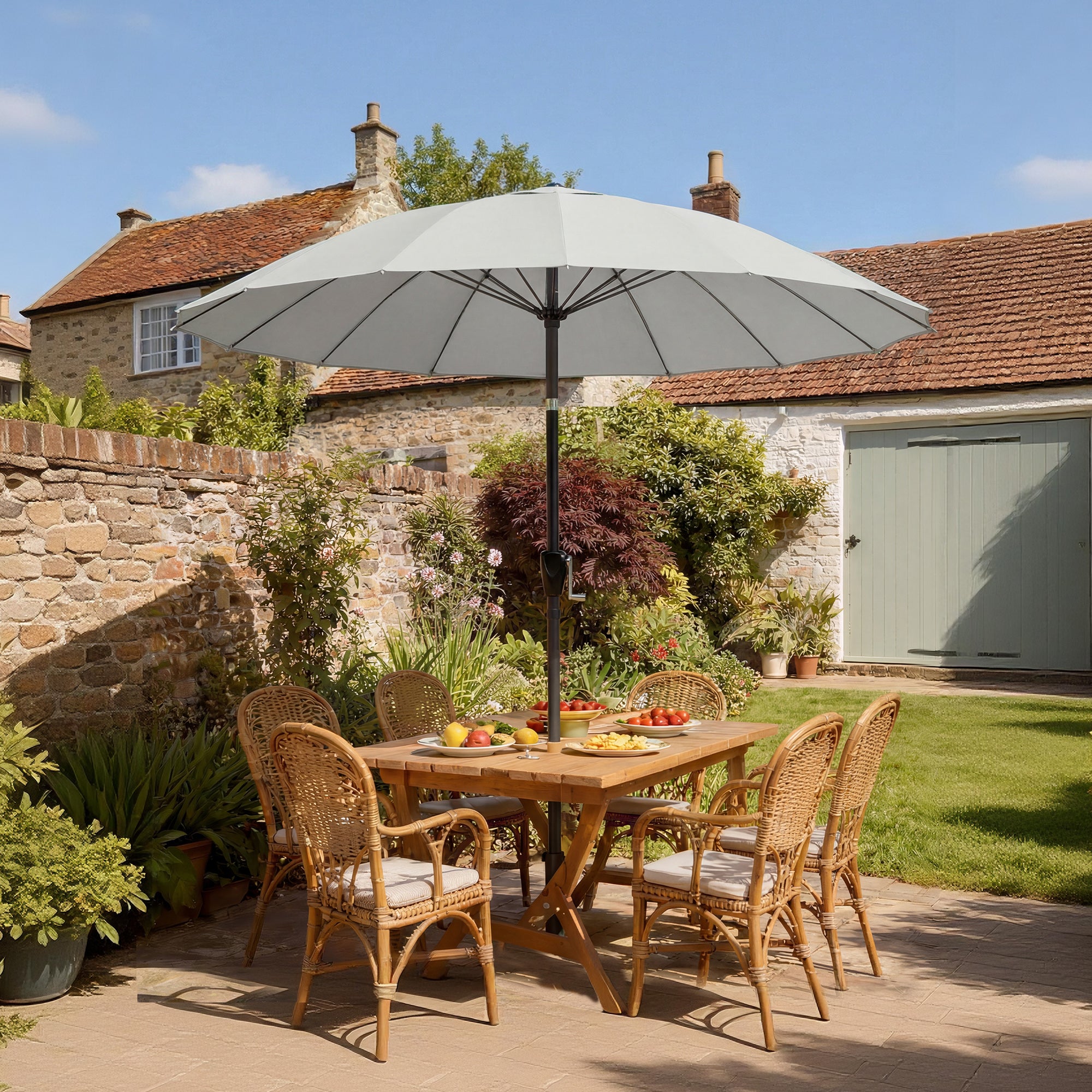 Outsunny 2 m Shanghai Garden Parasol Umbrella with 16 Fibreglass Ribs, Outdoor Parasol Sun Shade with Crank & Tilt, Light Grey