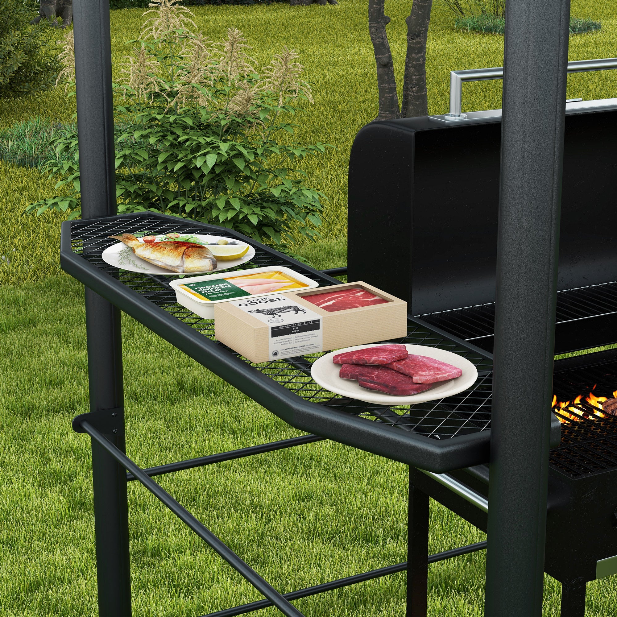 Outsunny 2.4 x 1.5m Outdoor Grill Gazebo with Side Shelves, PC Board Roof, Dark Grey - North Peak Garden Furniture