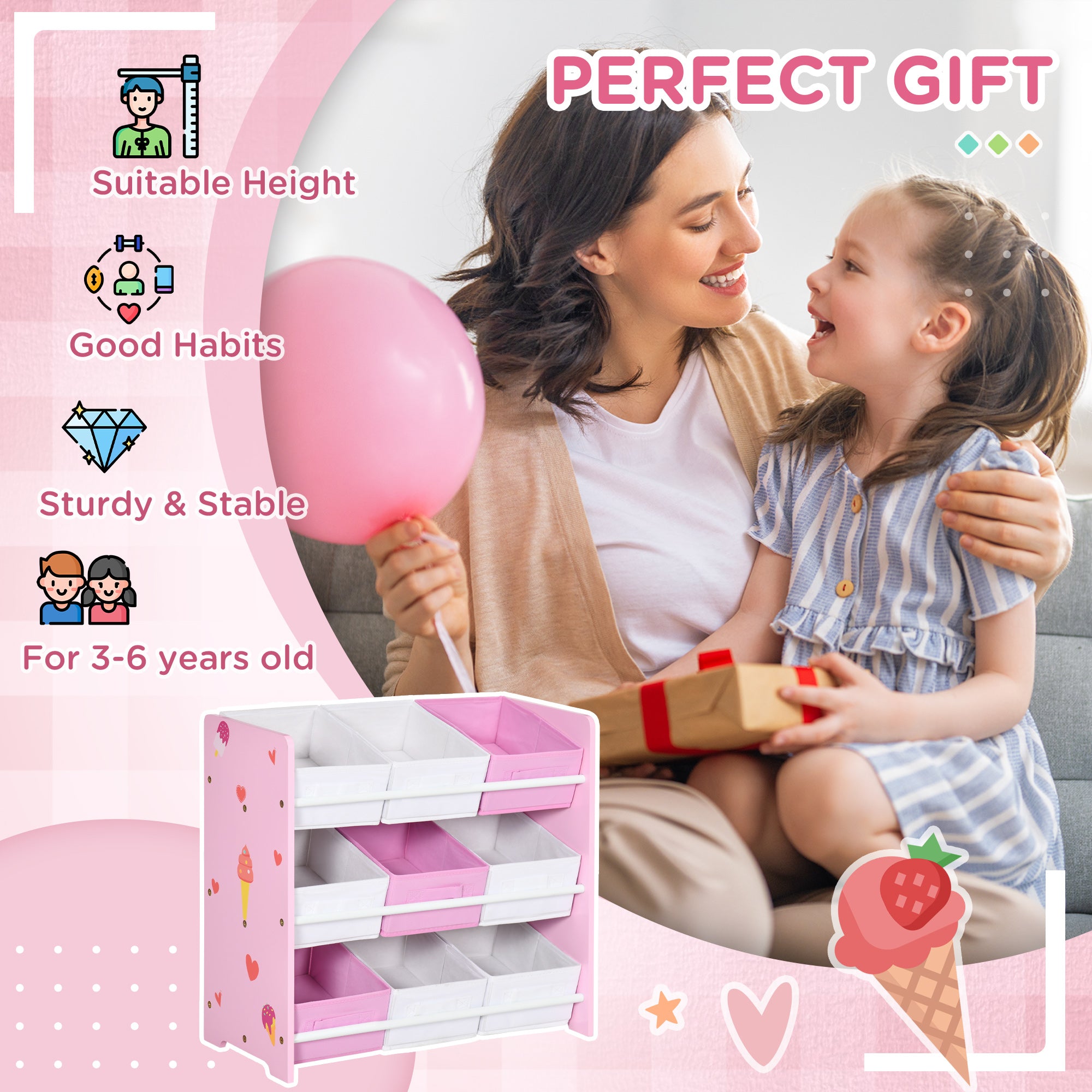 ZONEKIZ Kids Storage Rack, with Nine Removable Baskets, for Nursery, Bedroom, Playroom - Pink - North Peak Garden Furniture
