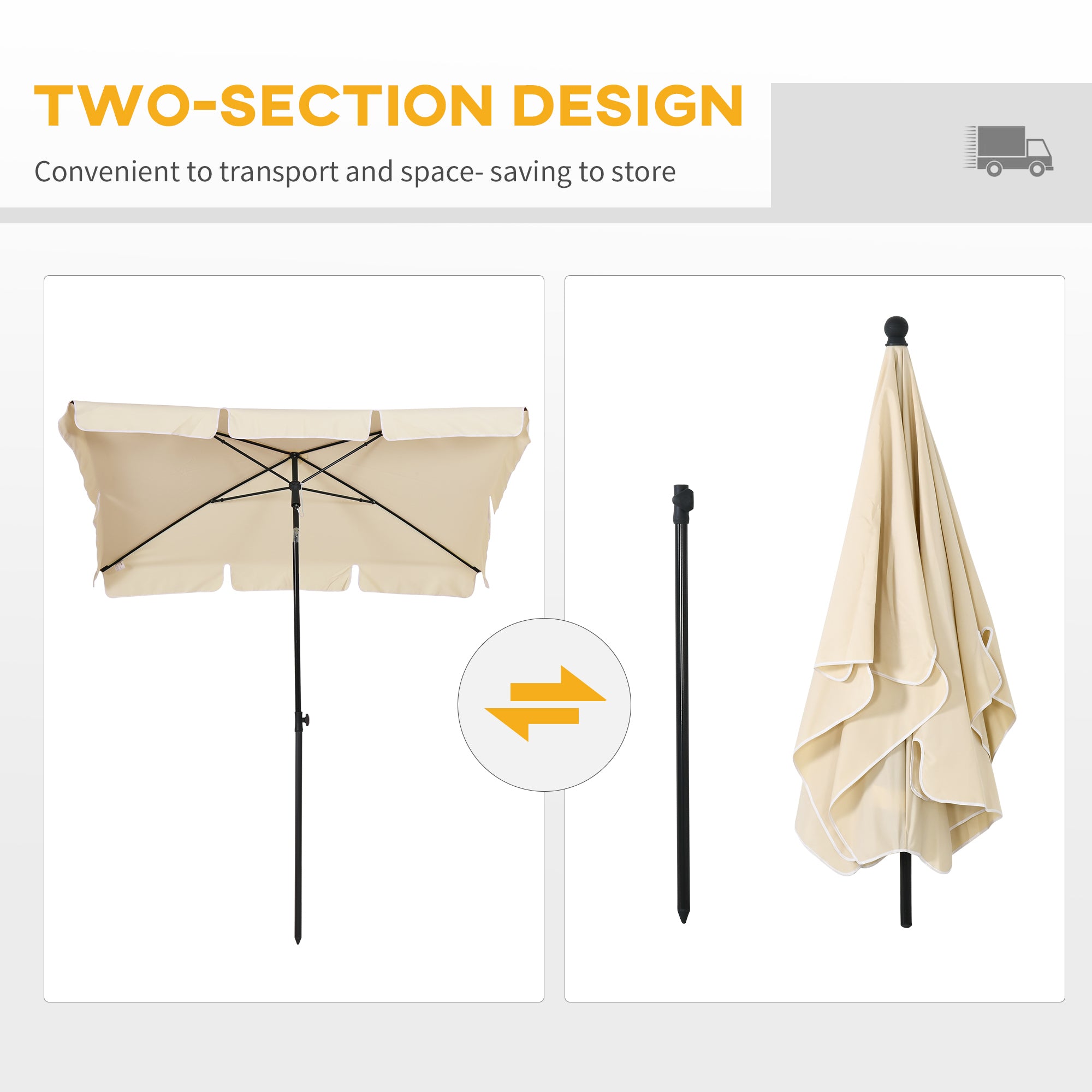 Outsunny Garden Parasol Umbrella, Outdoor Market Table Umbrella with Ruffles & Aluminium Pole, Rectangular Tilting Parasol Sun Shade Canopy, 2 x 1.3m, Beige - North Peak Garden Furniture
