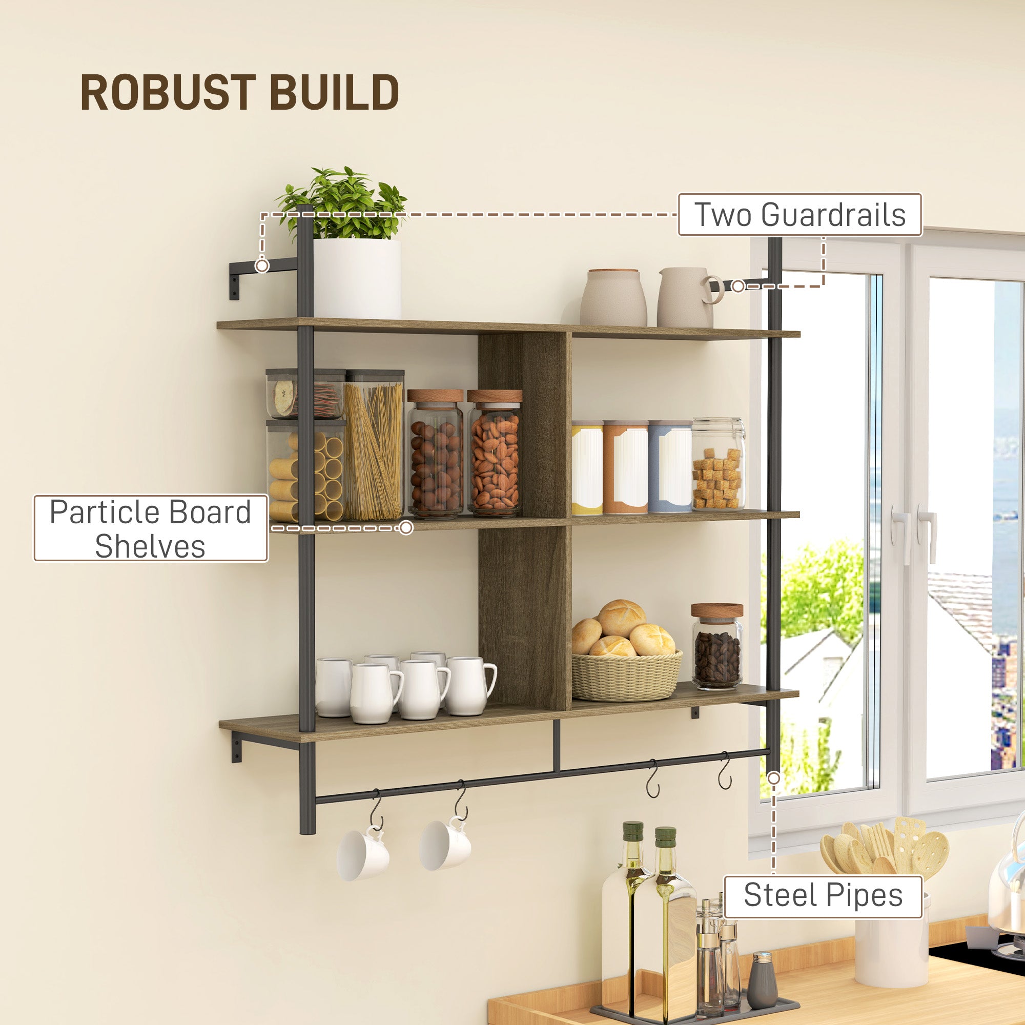 HOMCOM Three-Tier Floating Shelf - Grey Wood Effect - North Peak Garden Furniture