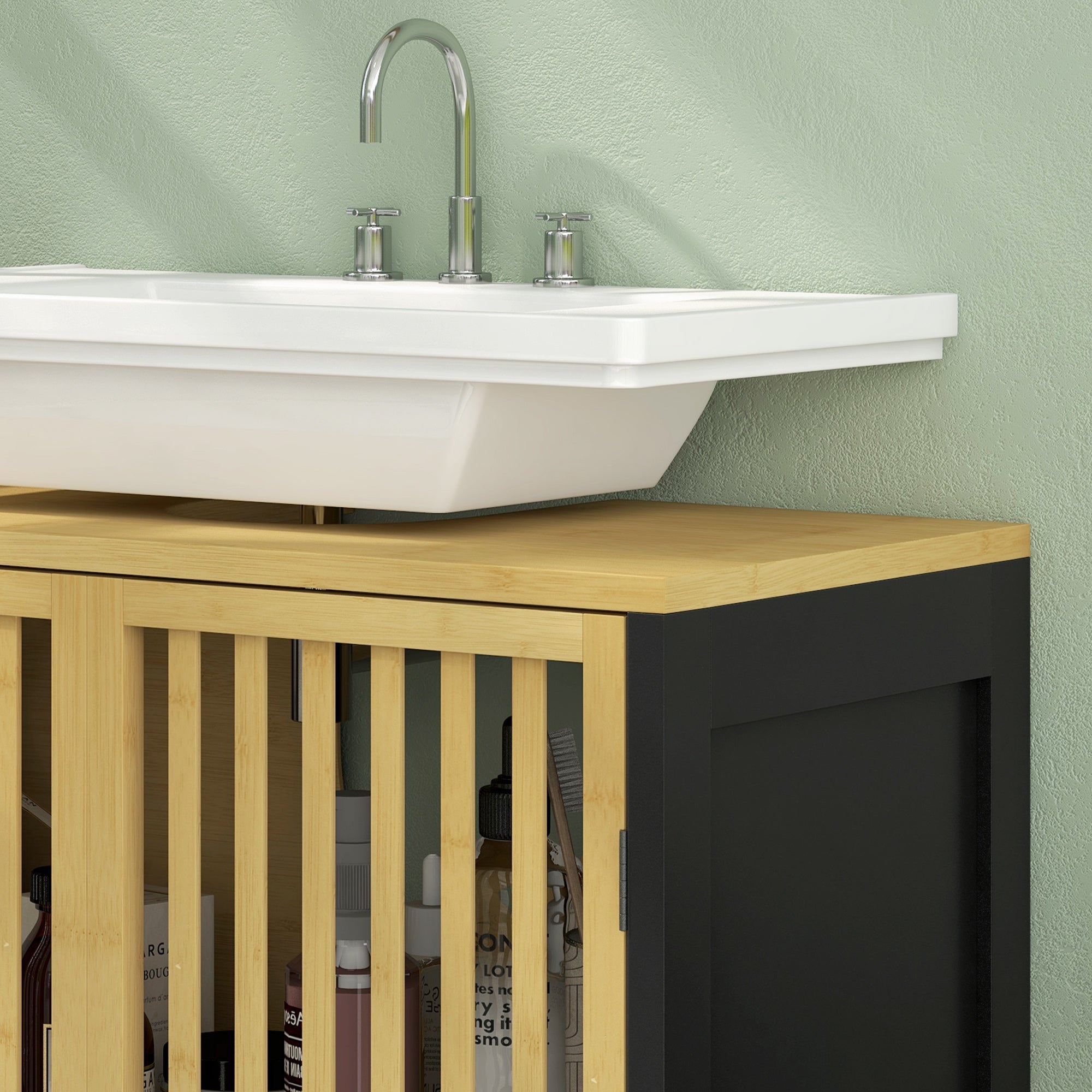 HOMCOM Bamboo-Blend Retro Cut-Out Under Sink Cabinet - North Peak Garden Furniture