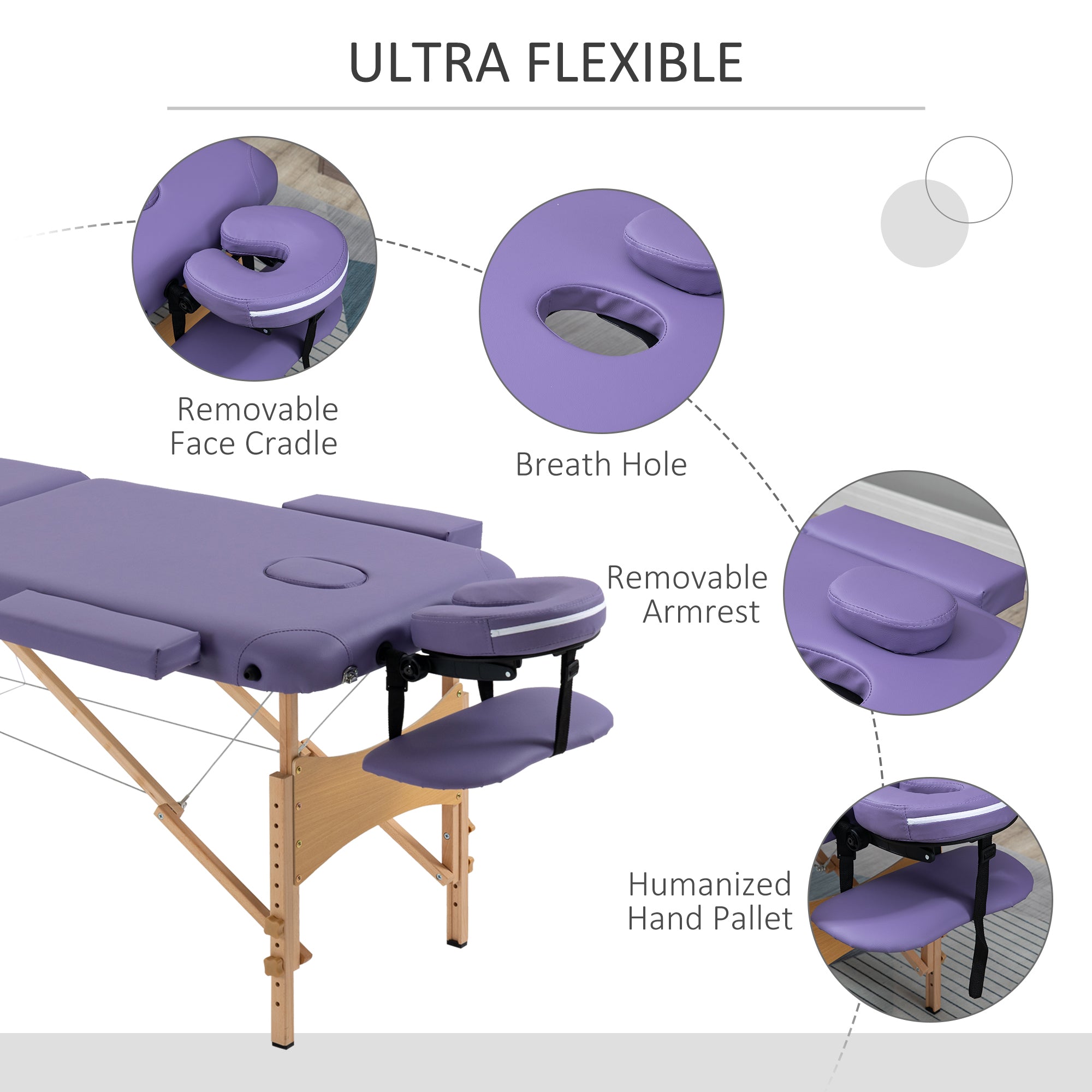 HOMCOM Portable Massage Bed, Folding Spa Beauty Massage Table with 2 Sections, Carry Bag and Wooden Frame, Purple - North Peak Garden Furniture