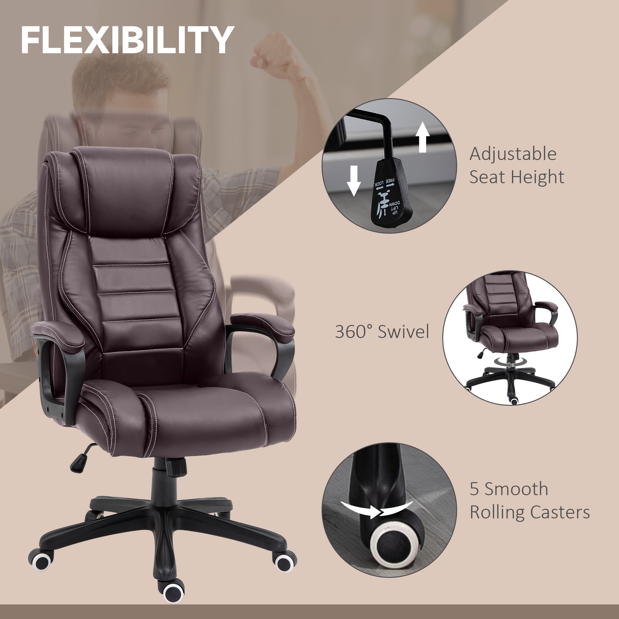 Vinsetto High Back Executive Office Chair 6- Point Vibration Massage Extra Padded Swivel Ergonomic Tilt Desk Seat, Brown - North Peak Garden Furniture